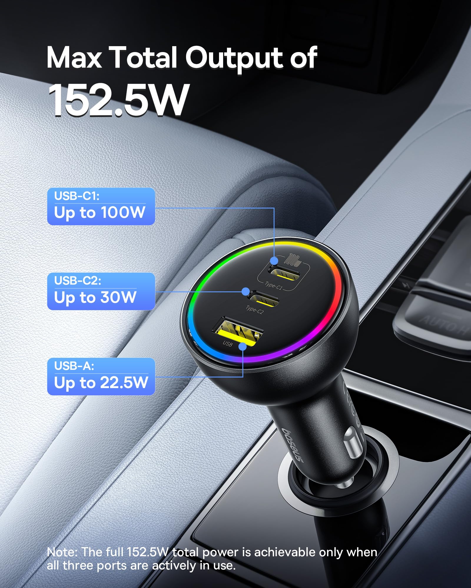 Foto 2 | Cargador De Coche Usb C Baseus 152,5 W De Carga Superrápida Con 3 Puertos - Venta Internacional.