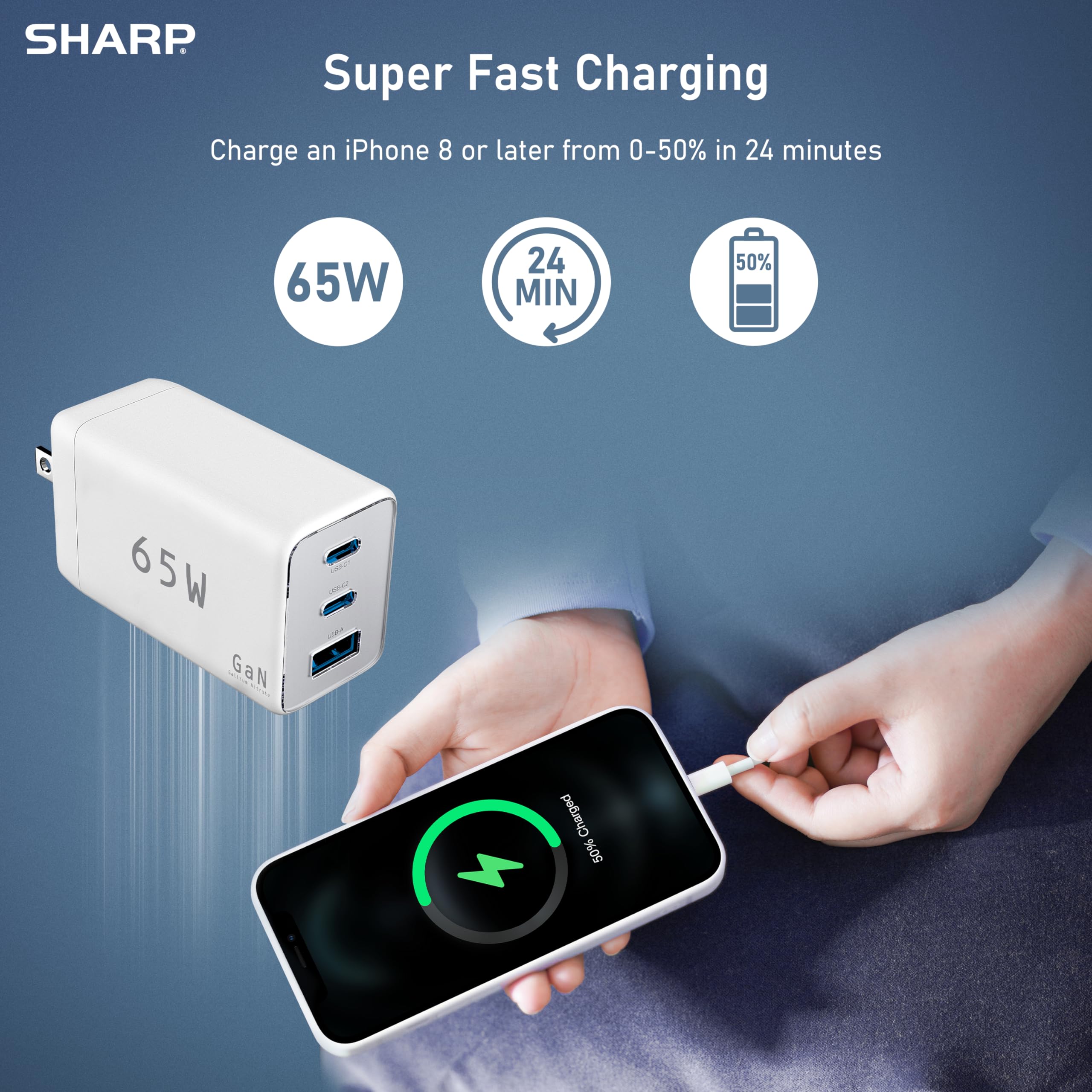 Foto 5 | Cargador Sharp Usb C De 65 W, 3 Puertos, Carga Rápida Gan, Blanco - Venta Internacional.