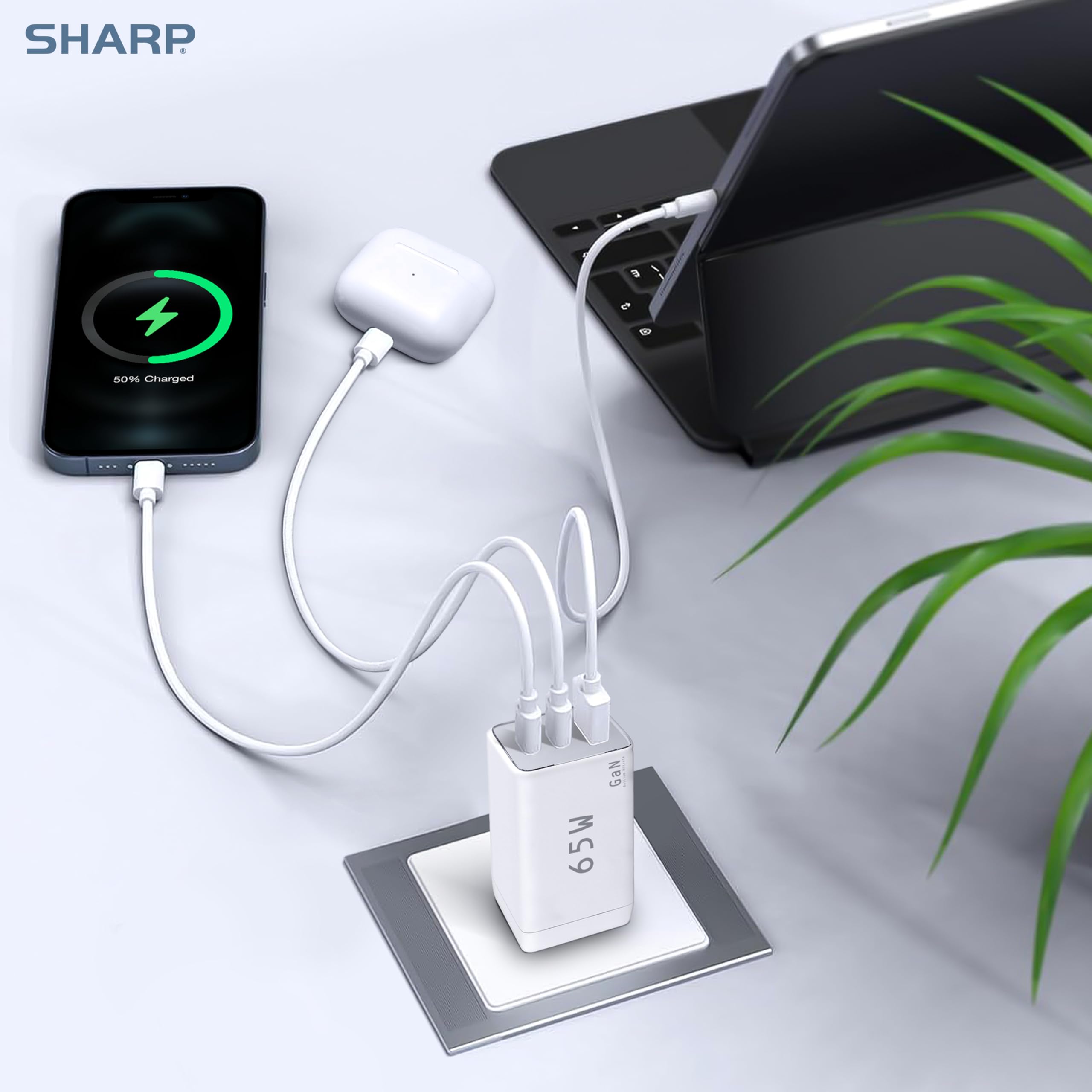 Foto 7 | Cargador Sharp Usb C De 65 W, 3 Puertos, Carga Rápida Gan, Blanco - Venta Internacional.