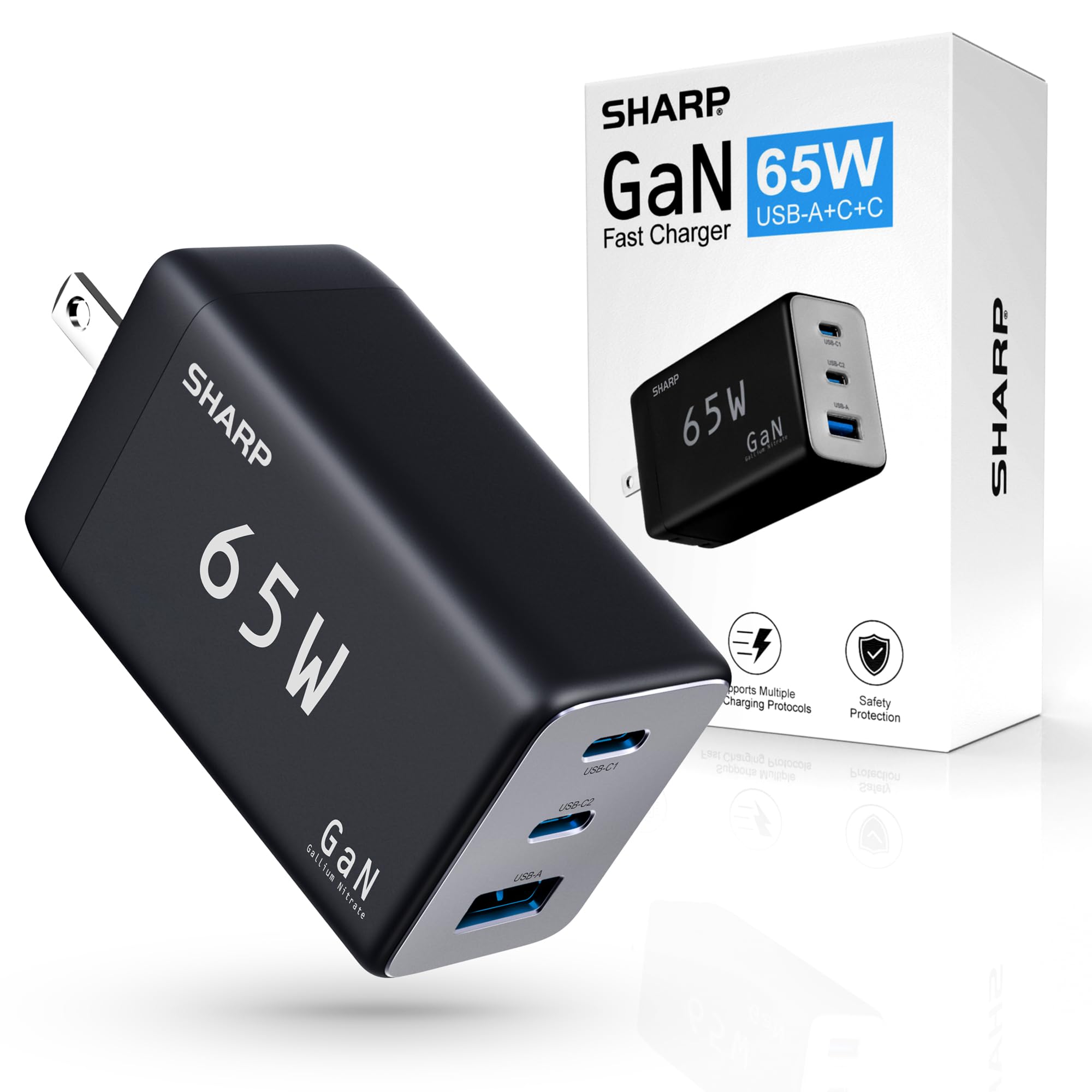 Foto 2 pulgar | Cargador Usb C Sharp, 65 W, 3 Puertos, Gan, Carga Rápida, Negro - Venta Internacional.