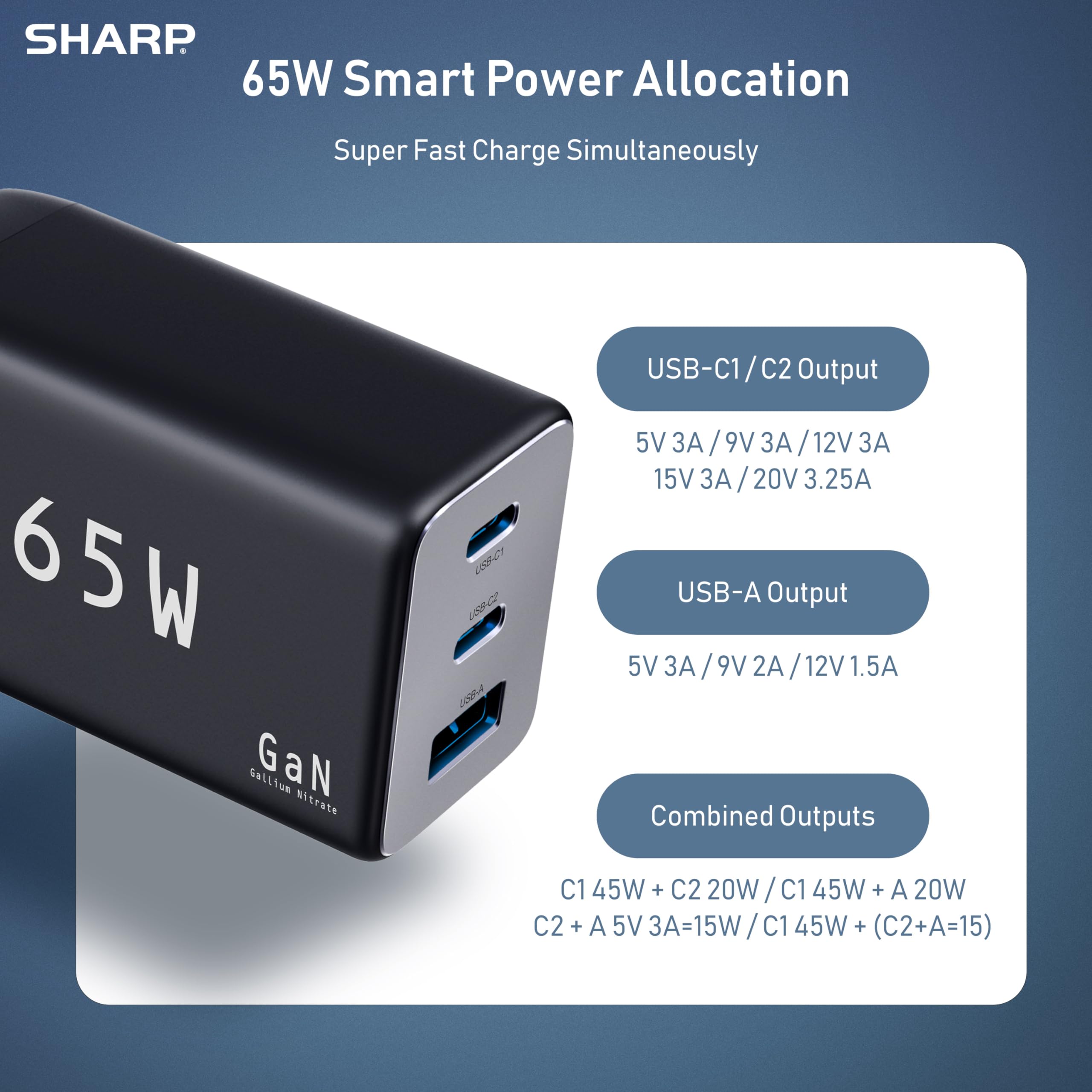 Foto 5 pulgar | Cargador Usb C Sharp, 65 W, 3 Puertos, Gan, Carga Rápida, Negro - Venta Internacional.