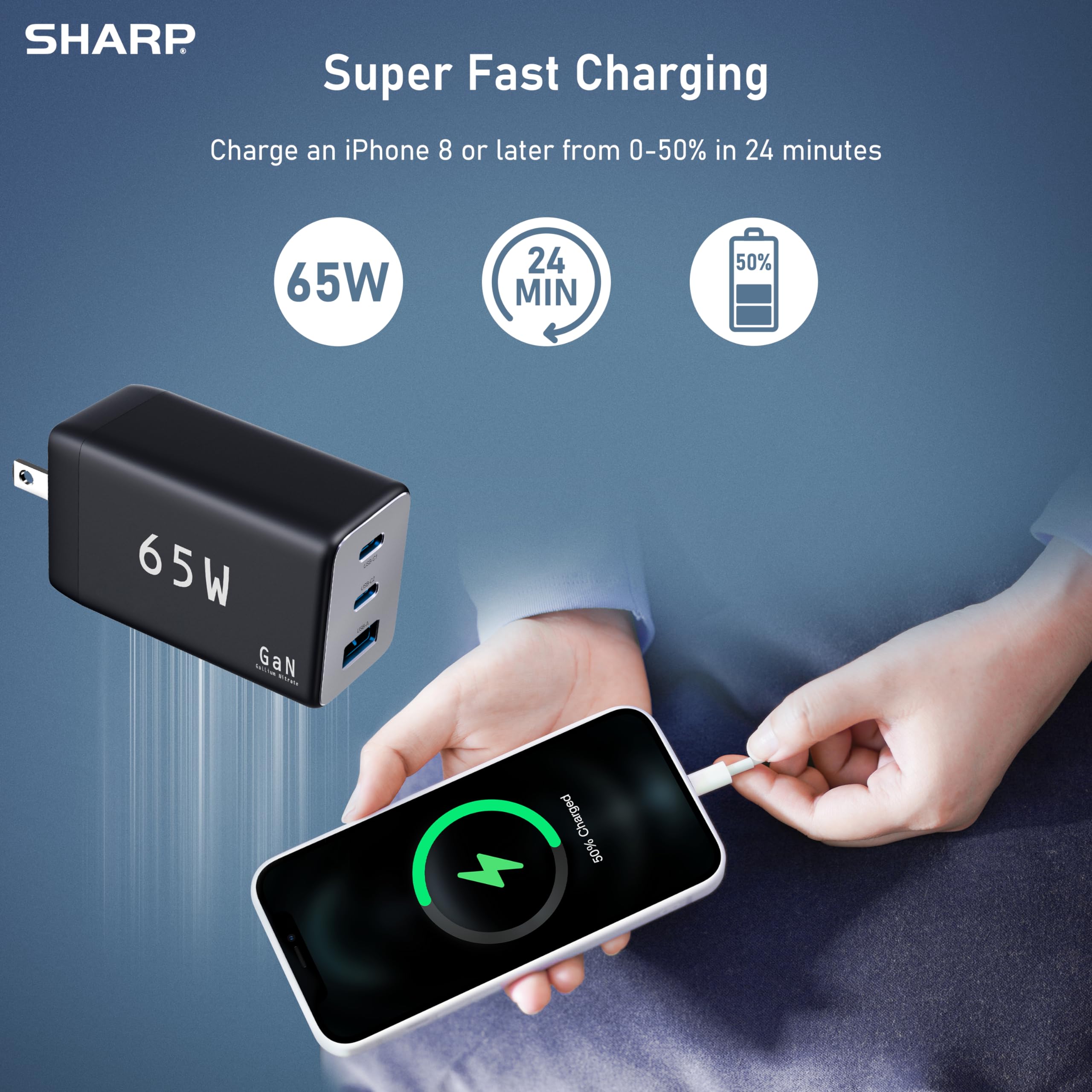 Foto 6 pulgar | Cargador Usb C Sharp, 65 W, 3 Puertos, Gan, Carga Rápida, Negro - Venta Internacional.