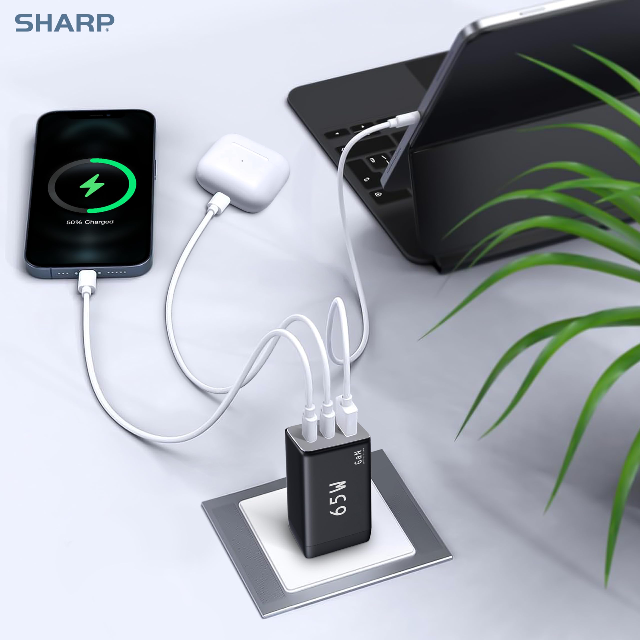 Foto 8 pulgar | Cargador Usb C Sharp, 65 W, 3 Puertos, Gan, Carga Rápida, Negro - Venta Internacional.