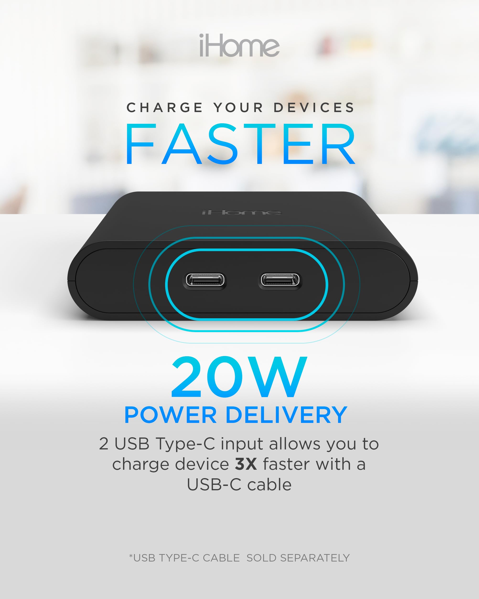 Foto 7 pulgar | Cargador Ihome Multiport 36w Usb-c Ac Pro De 2 Puertos Plano - Venta Internacional.