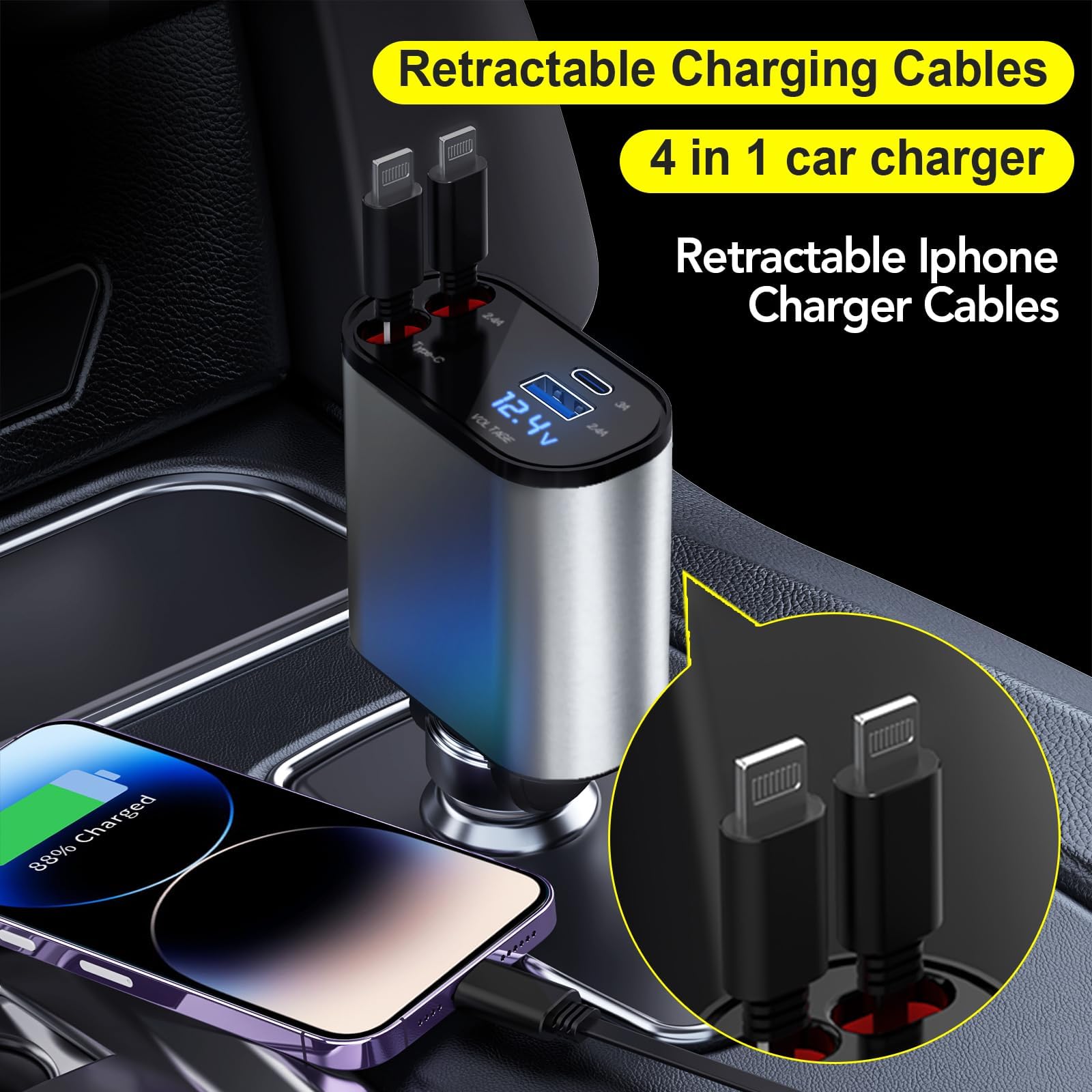 Foto 7 pulgar | Cargador De Coche Retráctil Kartice 4 En 1 Usb C De 60 W Con 2 Puertos Usb - Venta Internacional.