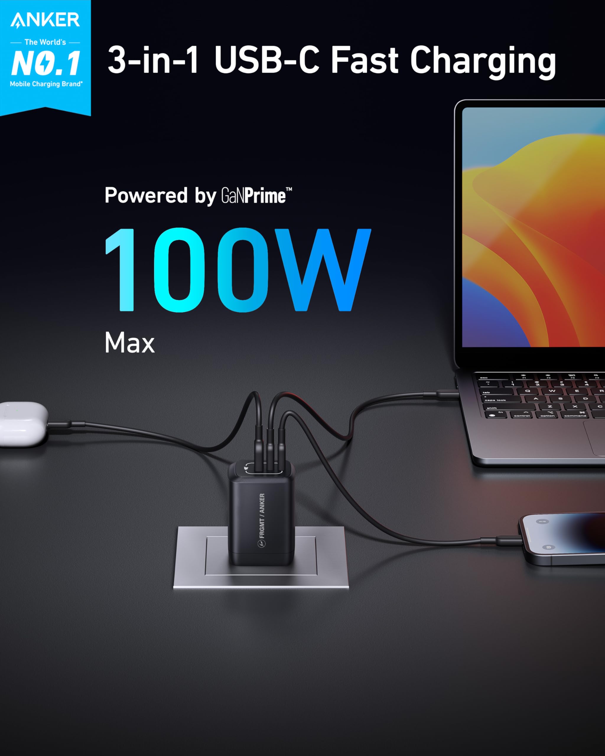 Foto 2 | Cargador Anker Prime Usb C Gan Wall De 100 W Con 3 Puertos Para Dispositivos - Venta Internacional.