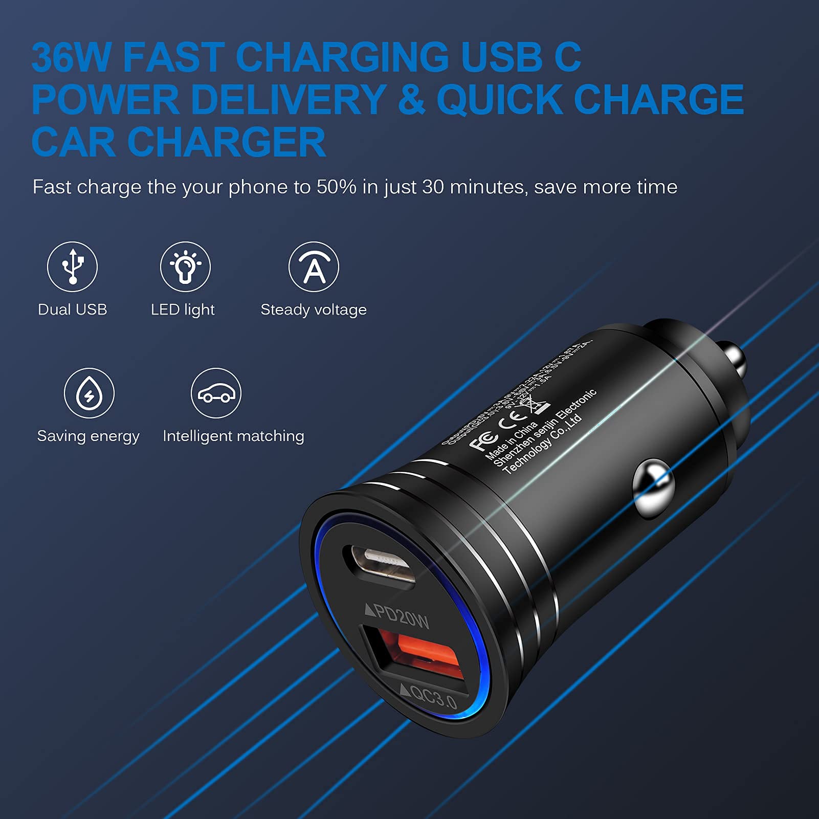 Foto 6 pulgar | Cargador De Coche Usb C Andhot De 38 W De Carga Rápida Pd&qc 3.0 De Doble Puerto - Venta Internacional.