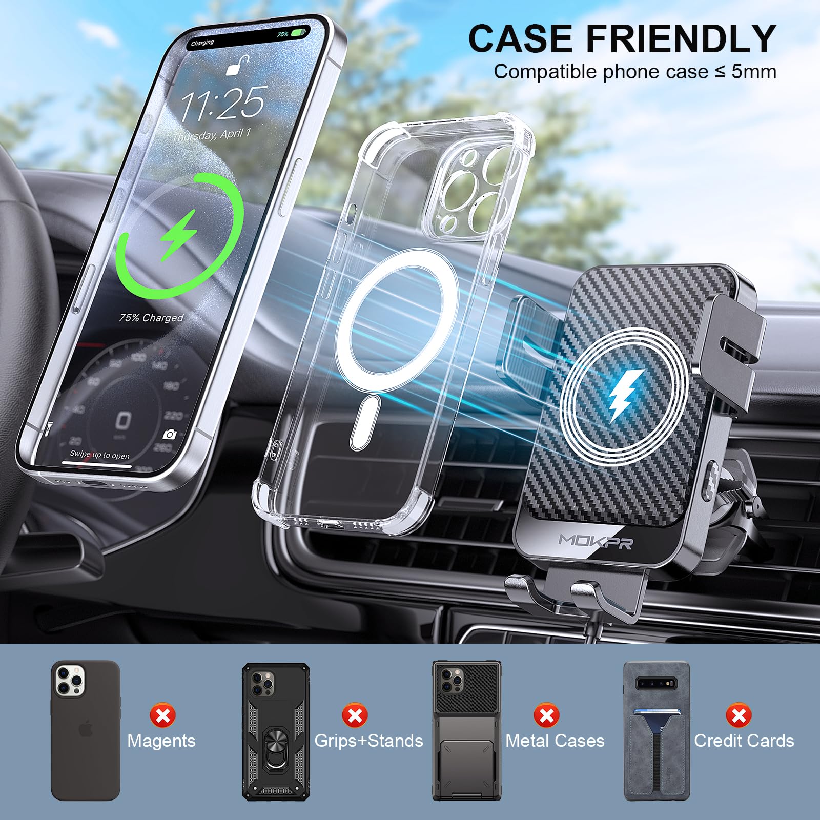 Foto 7 pulgar | Cargador De Coche Inalámbrico Mokpr De 15 W Con Soporte De Ventilación De Carga Rápida - Venta Internacional.