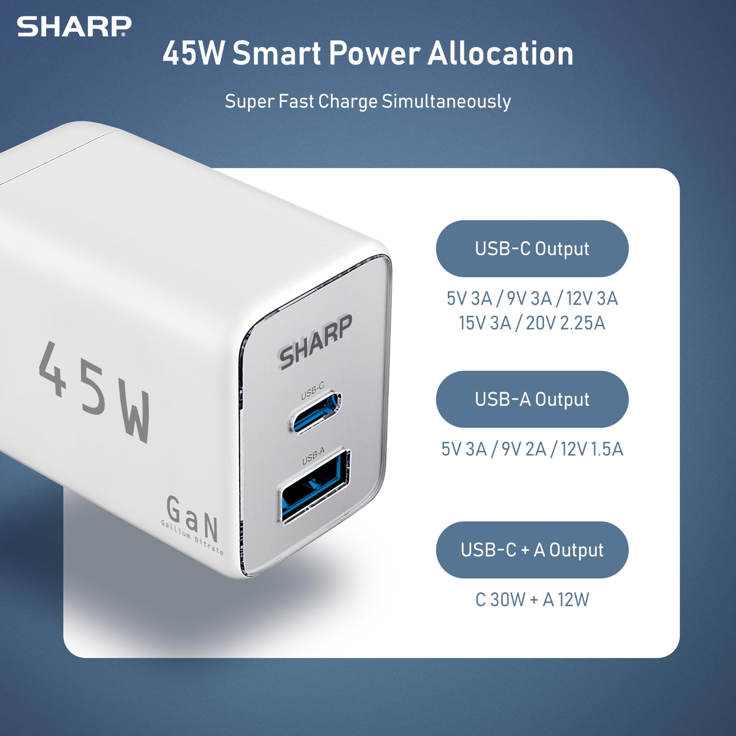 Foto 5 pulgar | Cargador Usb C Sharp G451a1cu-wht De 45 W Con 2 Puertos Para Iphone Galaxy - Venta Internacional.