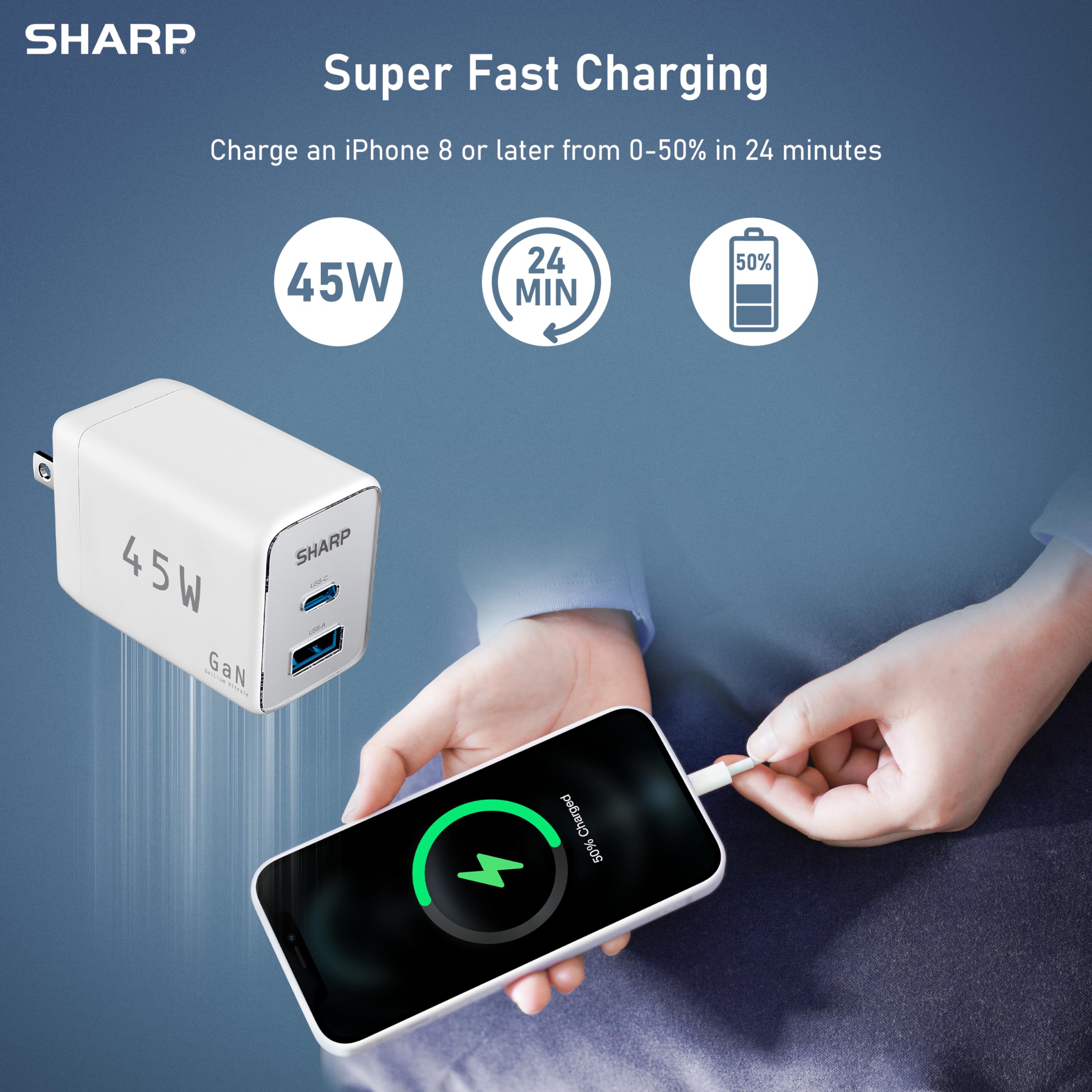Foto 6 pulgar | Cargador Usb C Sharp G451a1cu-wht De 45 W Con 2 Puertos Para Iphone Galaxy - Venta Internacional.