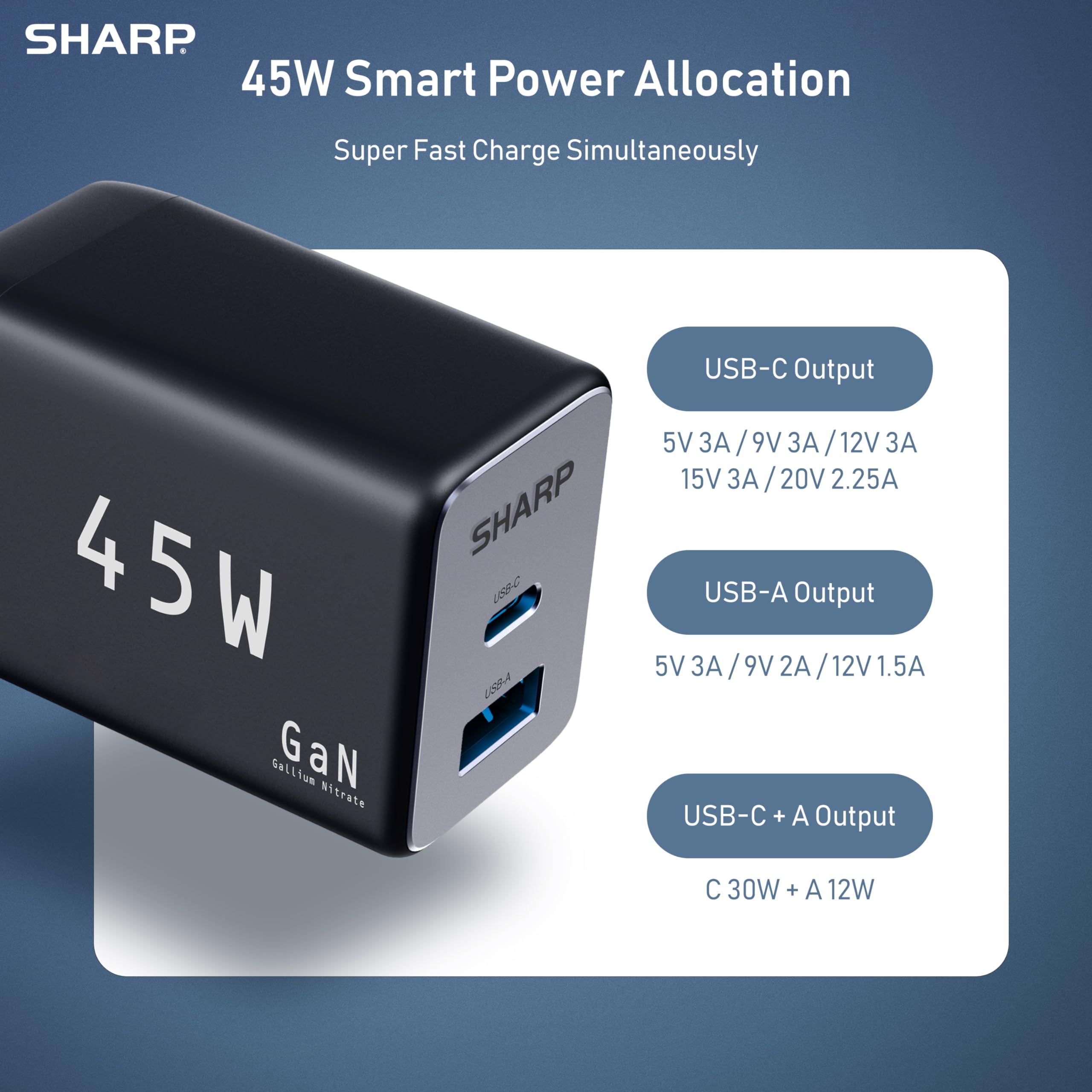 Foto 5 pulgar | Cargador Sharp Usb C De 45 W, 2 Puertos (usb A+c), Carga Rápida, Negro - Venta Internacional.