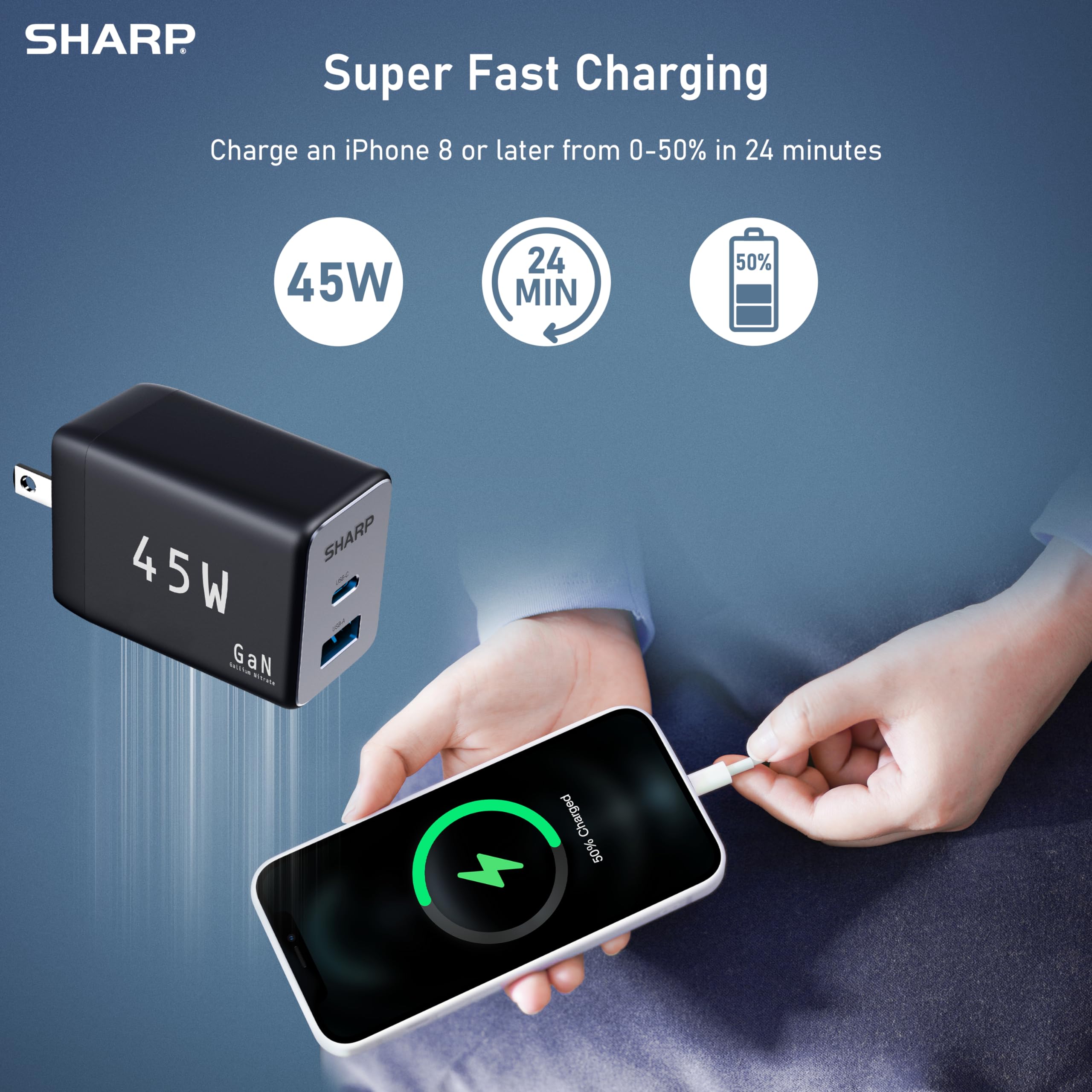 Foto 6 pulgar | Cargador Sharp Usb C De 45 W, 2 Puertos (usb A+c), Carga Rápida, Negro - Venta Internacional.