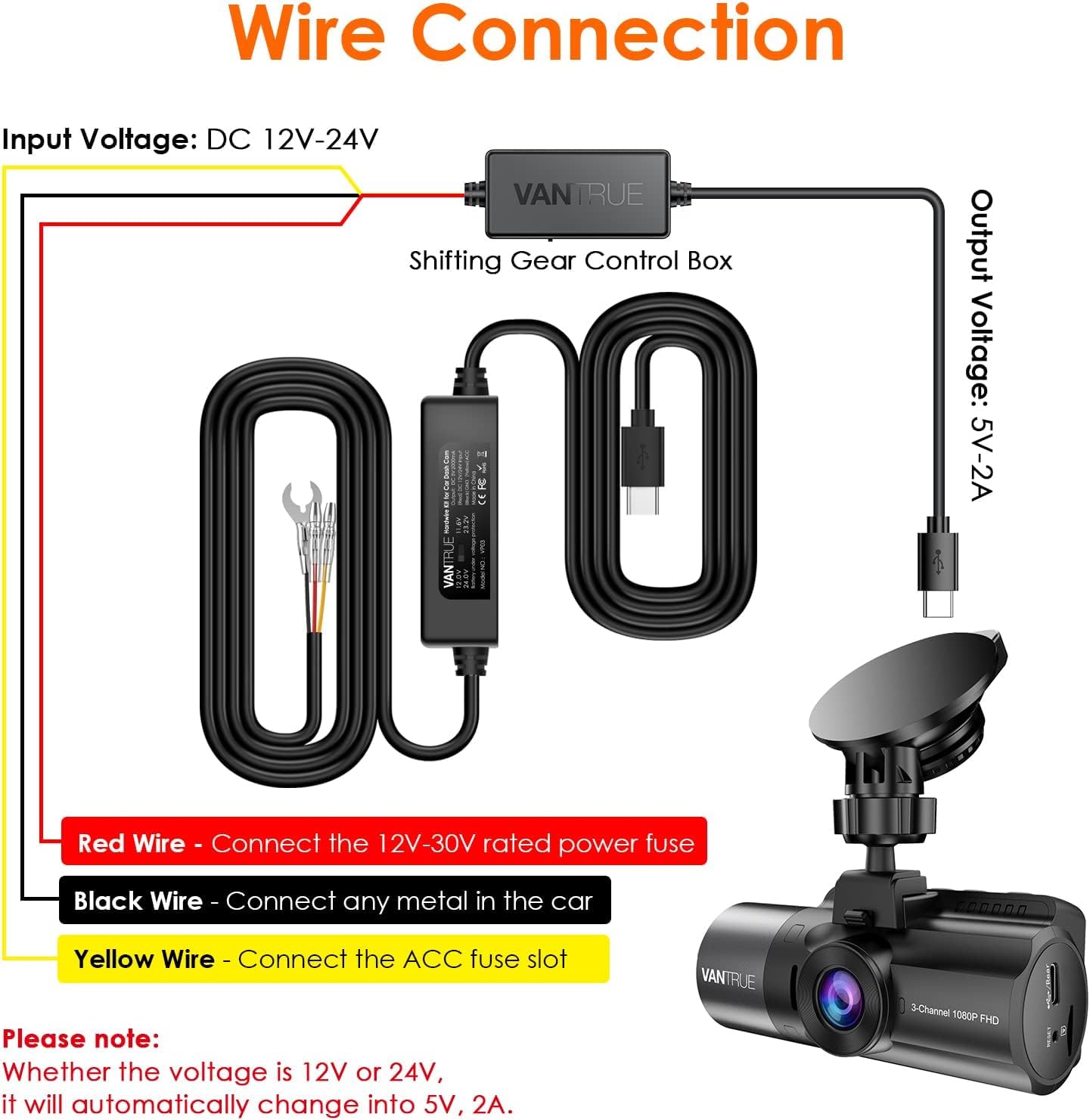 Foto 5 pulgar | Kit De Cableado Para Cámara De Salpicadero Vantrue Tipo C Usb De 12 V/24 V A 5 V - Venta Internacional.