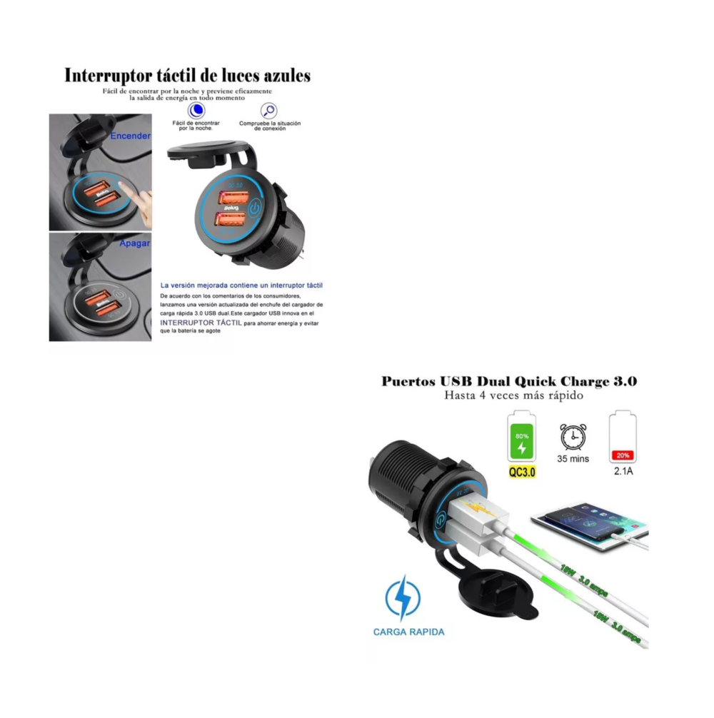 Foto 3 pulgar | Cargador Iluminado Usb Dual 3.0a 1 Pieza, Negro Azul Belug