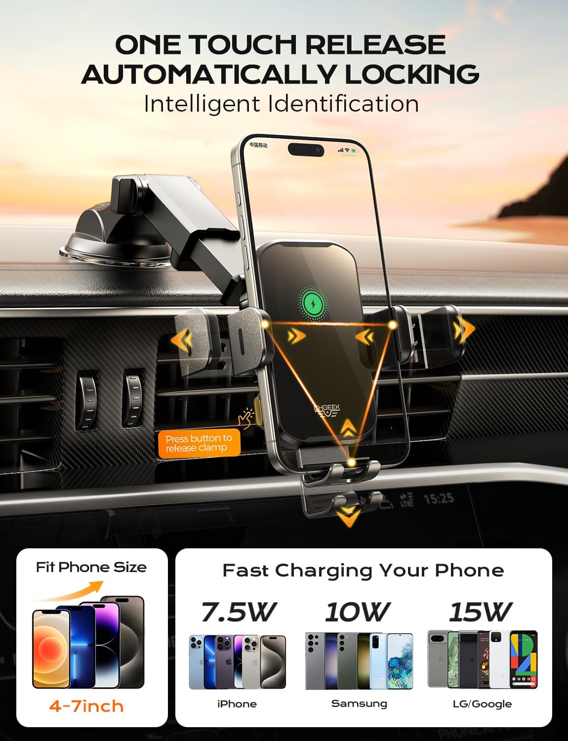 Foto 5 pulgar | Cargador De Coche Inalámbrico, Soporte Para Teléfono, Soporte Chgeek, Carga Rápida De 15 W - Venta Internacional.