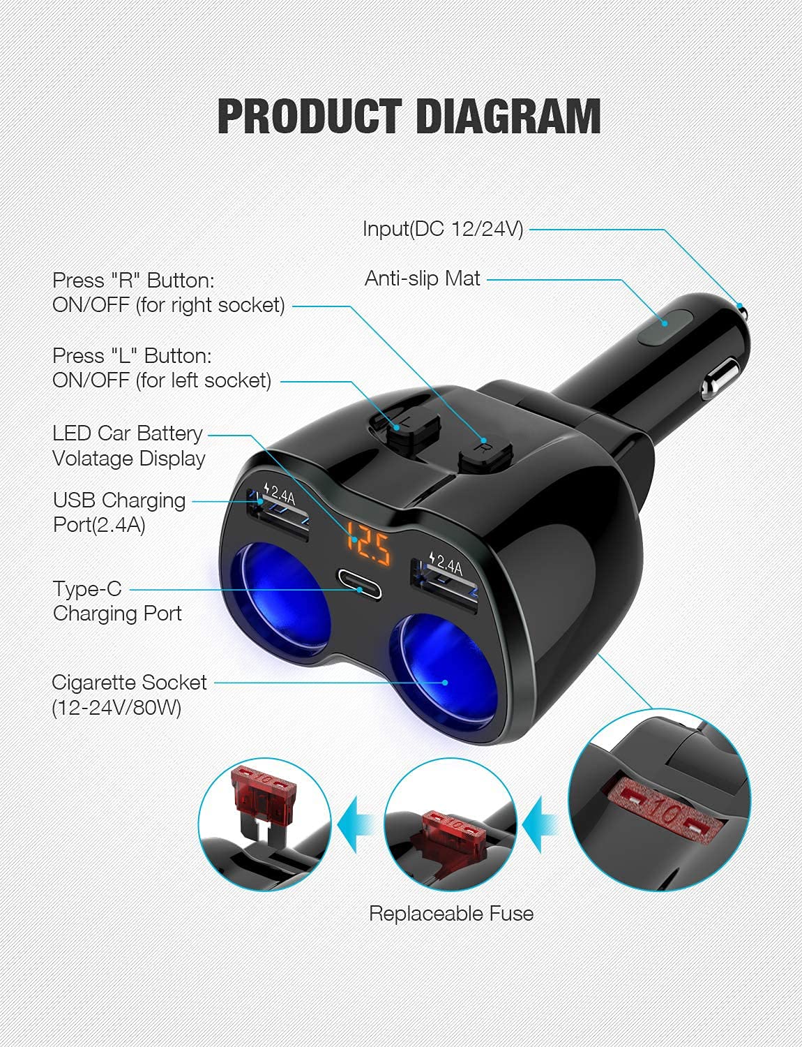 Foto 3 pulgar | Cargador De Coche Otium Usb C Con 2 Enchufes, Encendedor De Cigarrillos, 80 W - Venta Internacional.