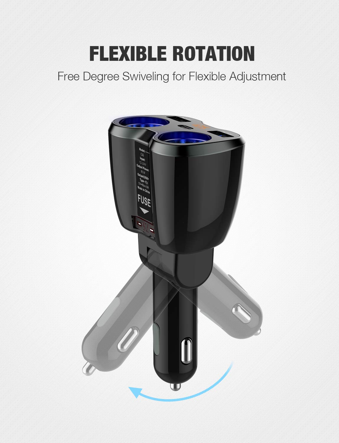 Foto 4 pulgar | Cargador De Coche Otium Usb C Con 2 Enchufes, Encendedor De Cigarrillos, 80 W - Venta Internacional.