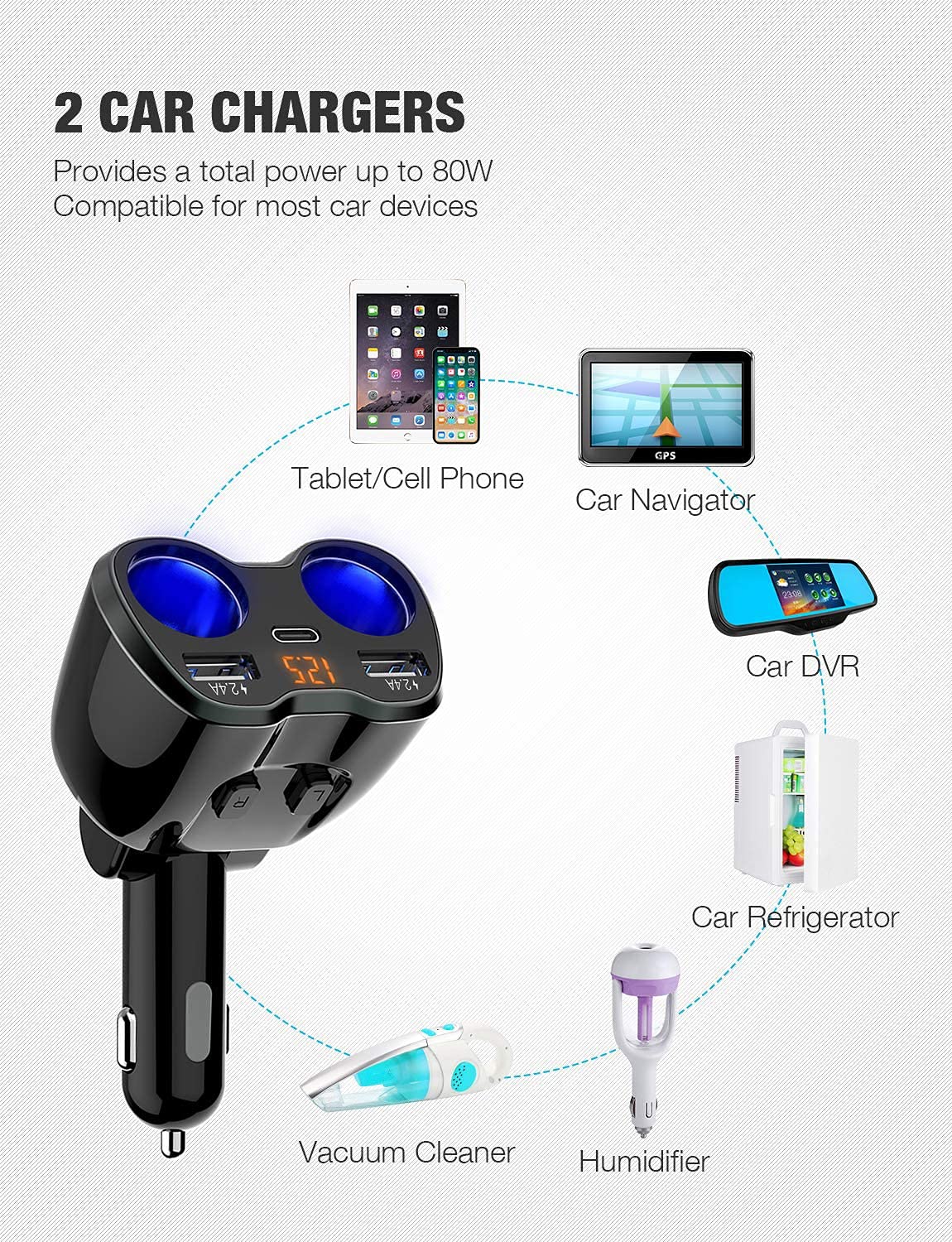 Foto 8 pulgar | Cargador De Coche Otium Usb C Con 2 Enchufes, Encendedor De Cigarrillos, 80 W - Venta Internacional.