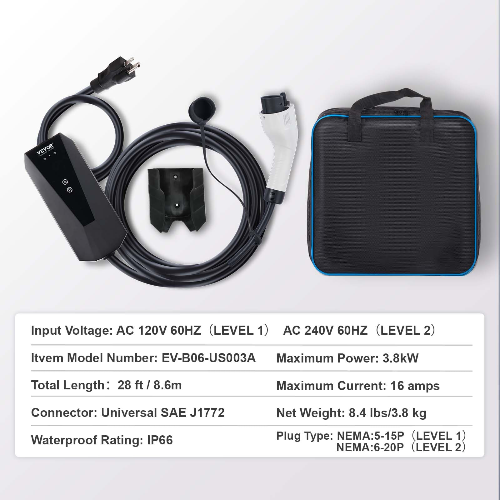Foto 7 | Cargador Eléctrico Portátil Vevor Level 1+2, 16 A, 120 V/240 V, Cable De 28 Pies - Venta Internacional.