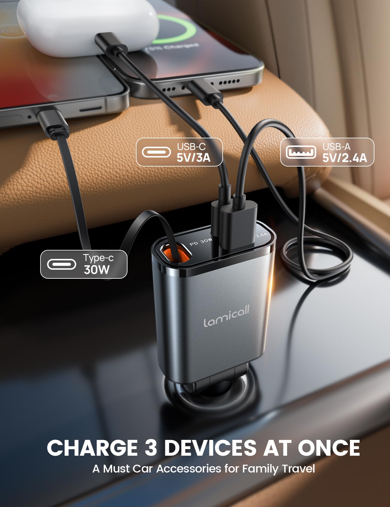 Foto 5 pulgar | Cargador De Coche Lamicall Retráctil Usb C De Carga Rápida De 57 W - Venta Internacional.