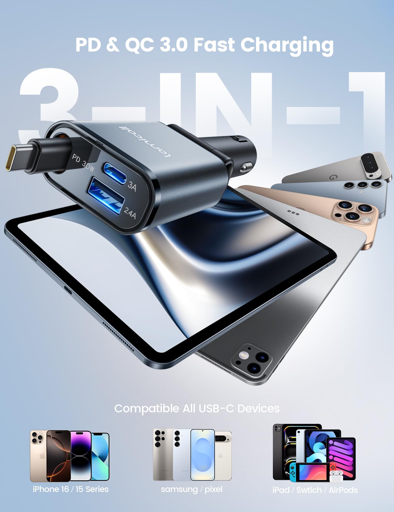 Foto 7 pulgar | Cargador De Coche Lamicall Retráctil Usb C De Carga Rápida De 57 W - Venta Internacional.