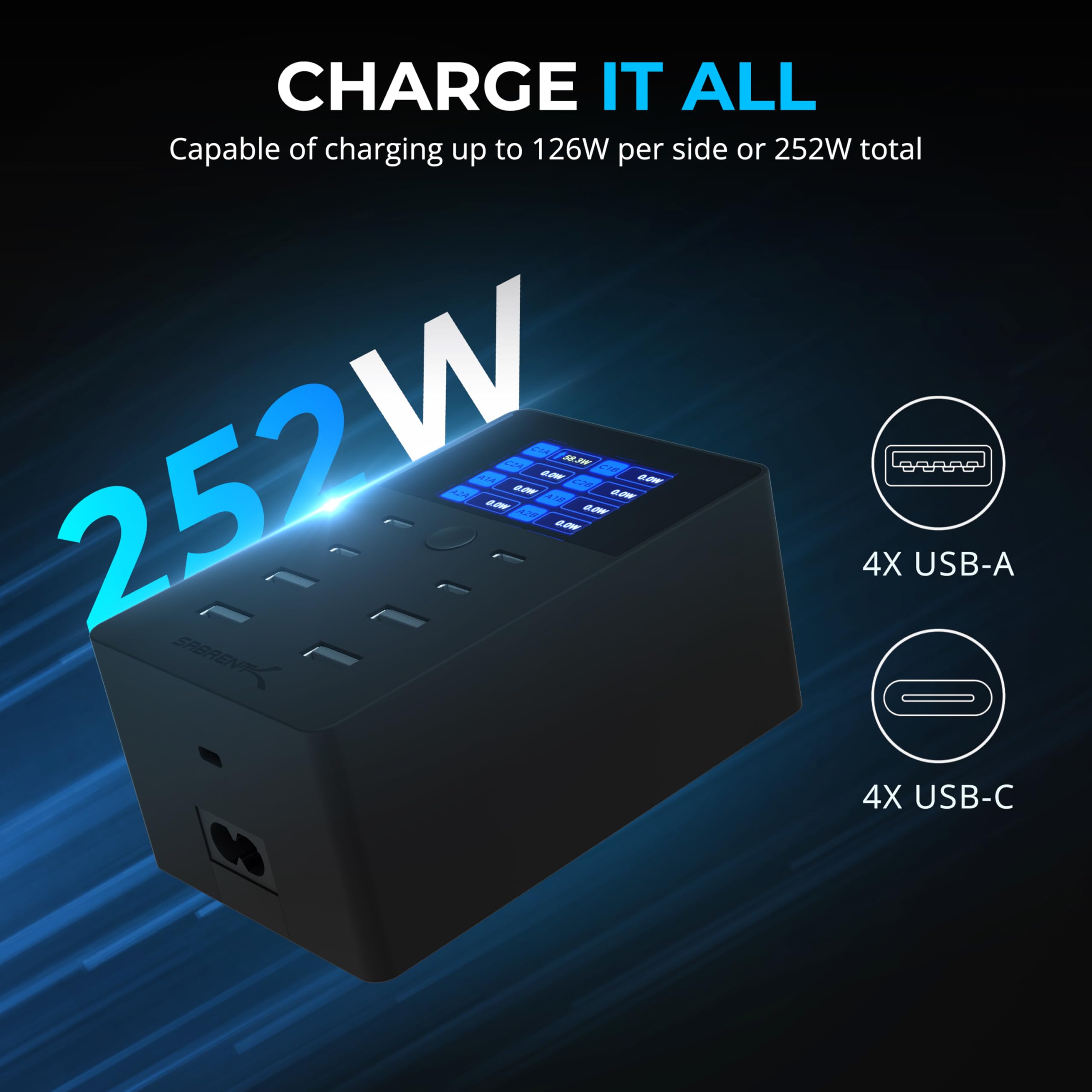 Foto 2 | Cargador Sabrent De 252 W Con 8 Puertos Usb Pd 3.0 Con Pantalla Lcd Para Usb-c/a - Venta Internacional.