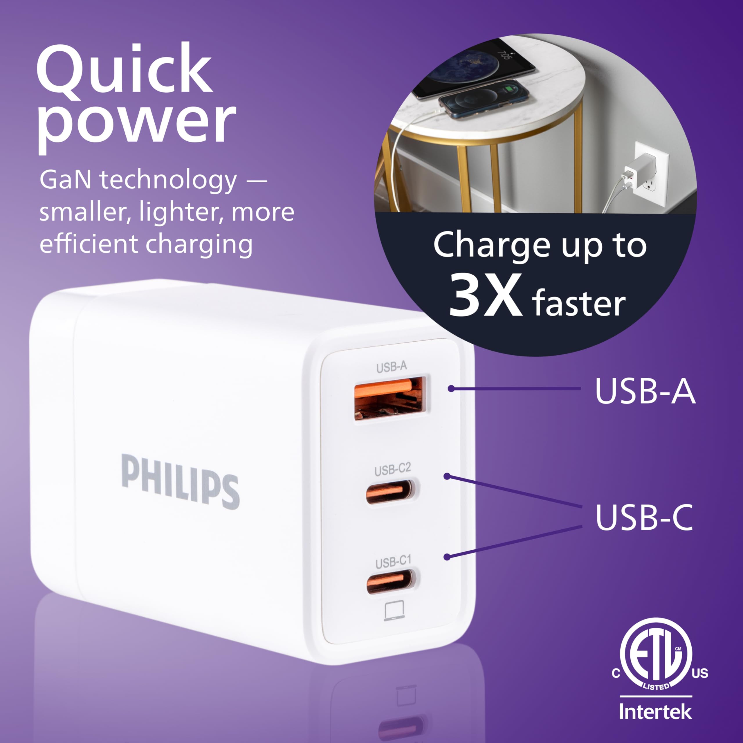 Foto 2 | Cargador Philips Para Iphone, Carga Rápida, 65 W, Usb C, 3 Puertos, Blanco - Venta Internacional.