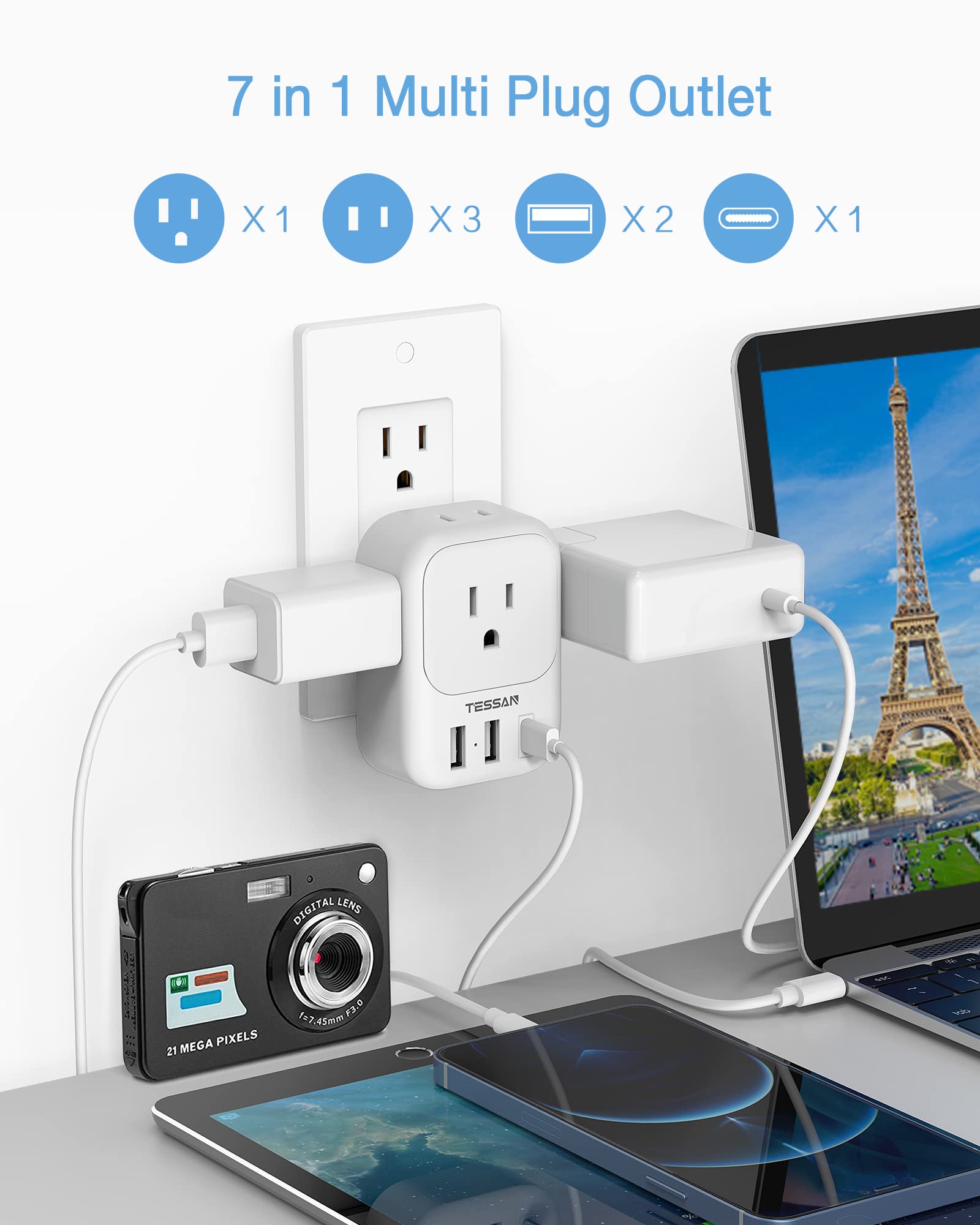 Foto 2 | Cargador De Pared Usb Tessan 3, Bloque Usb, 1 Puerto Usb C, Blanco - Venta Internacional.