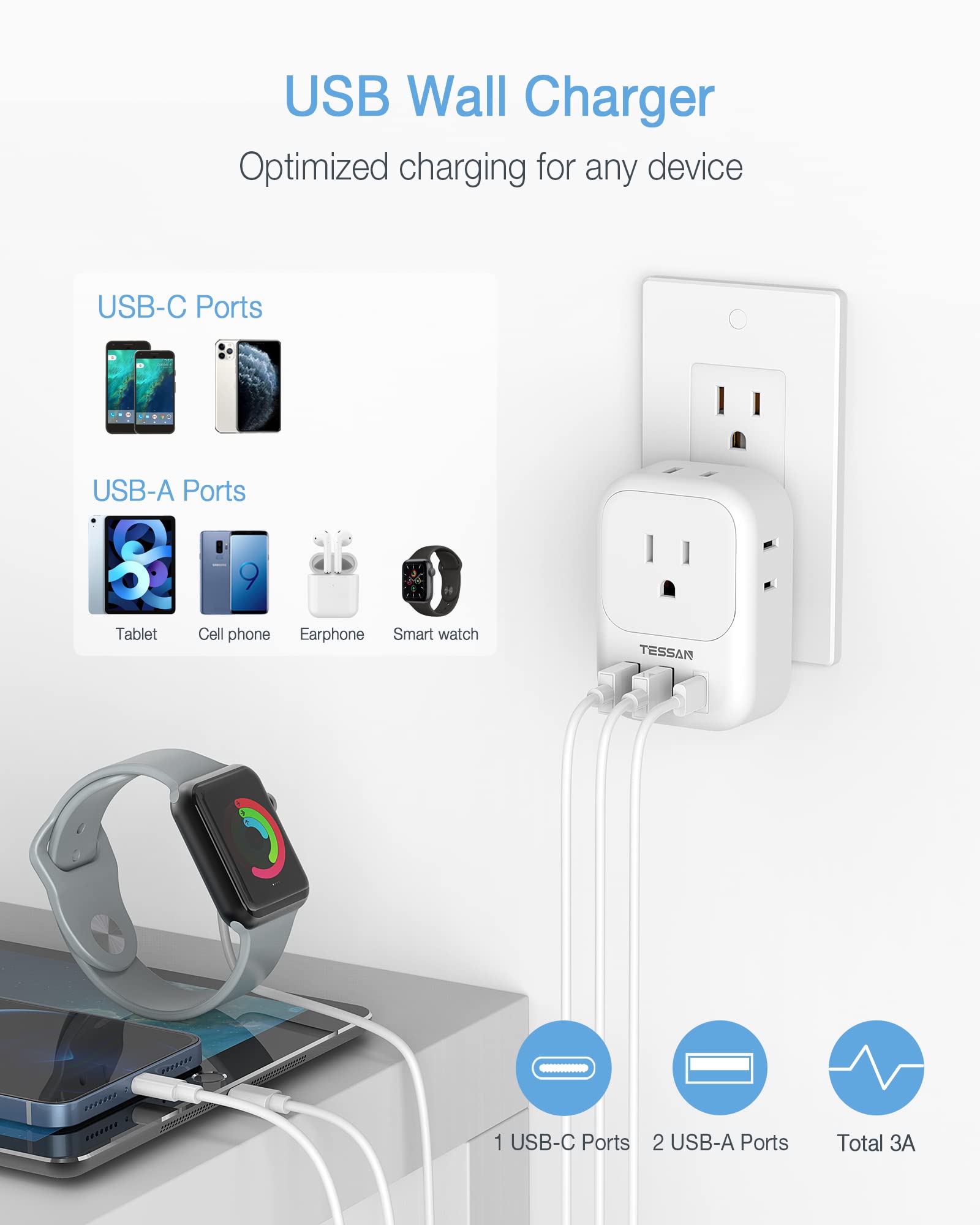 Foto 4 pulgar | Cargador De Pared Usb Tessan 3, Bloque Usb, 1 Puerto Usb C, Blanco - Venta Internacional.