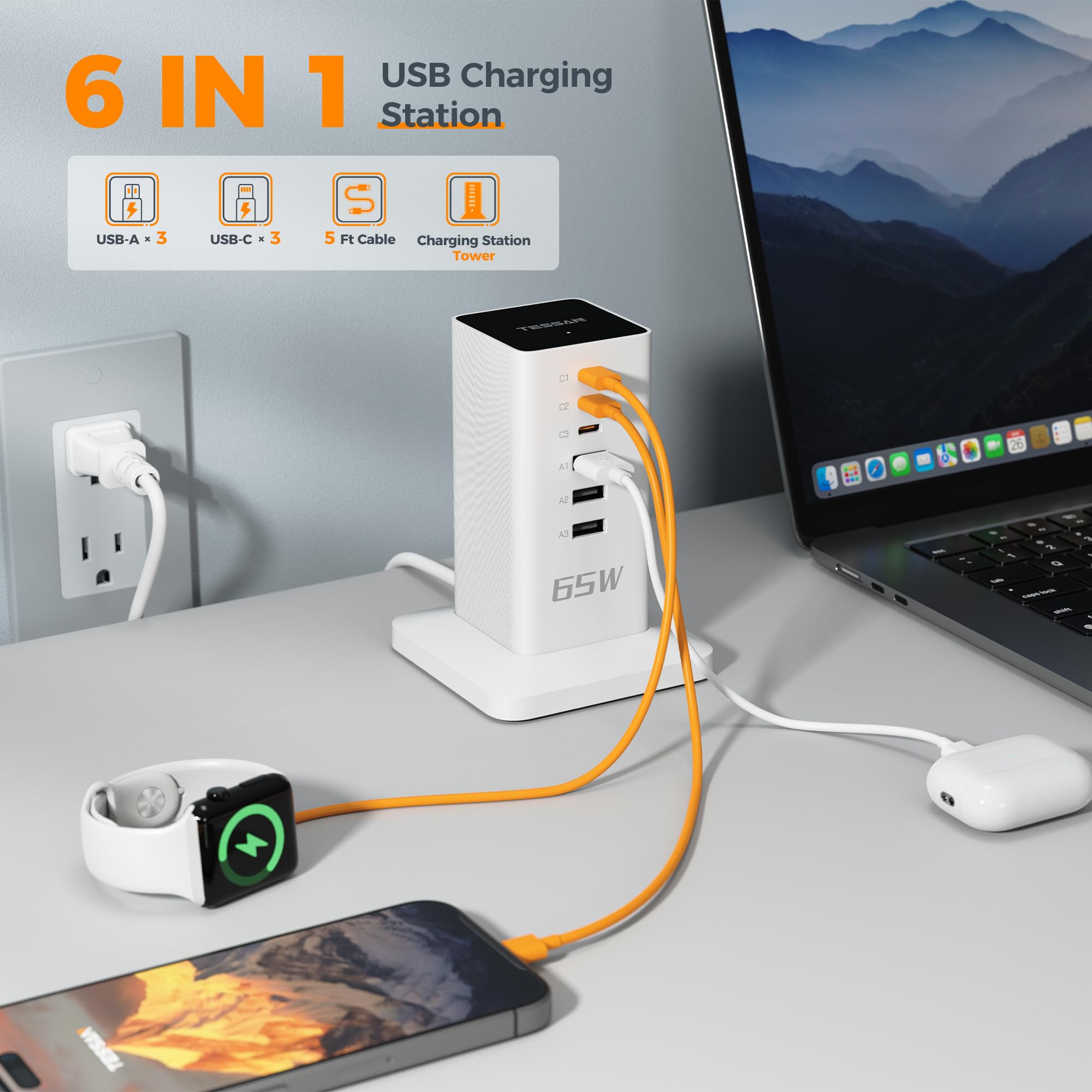 Foto 3 pulgar | Estación De Carga Tessan Usb A De 65 W Con 3 Puertos Usb C Para Varios Dispositivos - Venta Internacional.