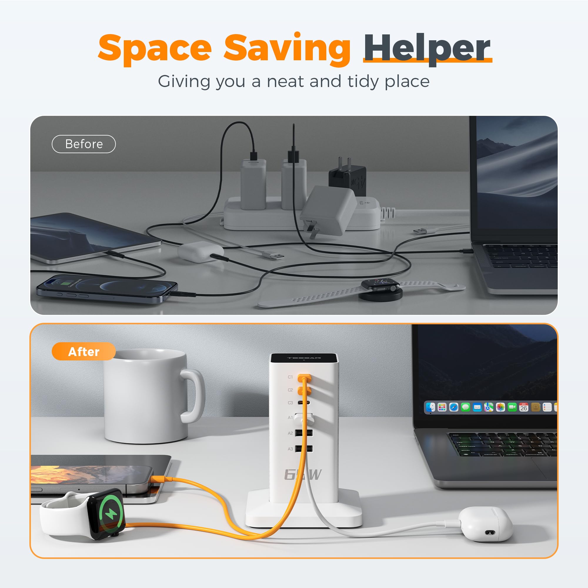 Foto 3 | Estación De Carga Tessan Usb A De 65 W Con 3 Puertos Usb C Para Varios Dispositivos - Venta Internacional.