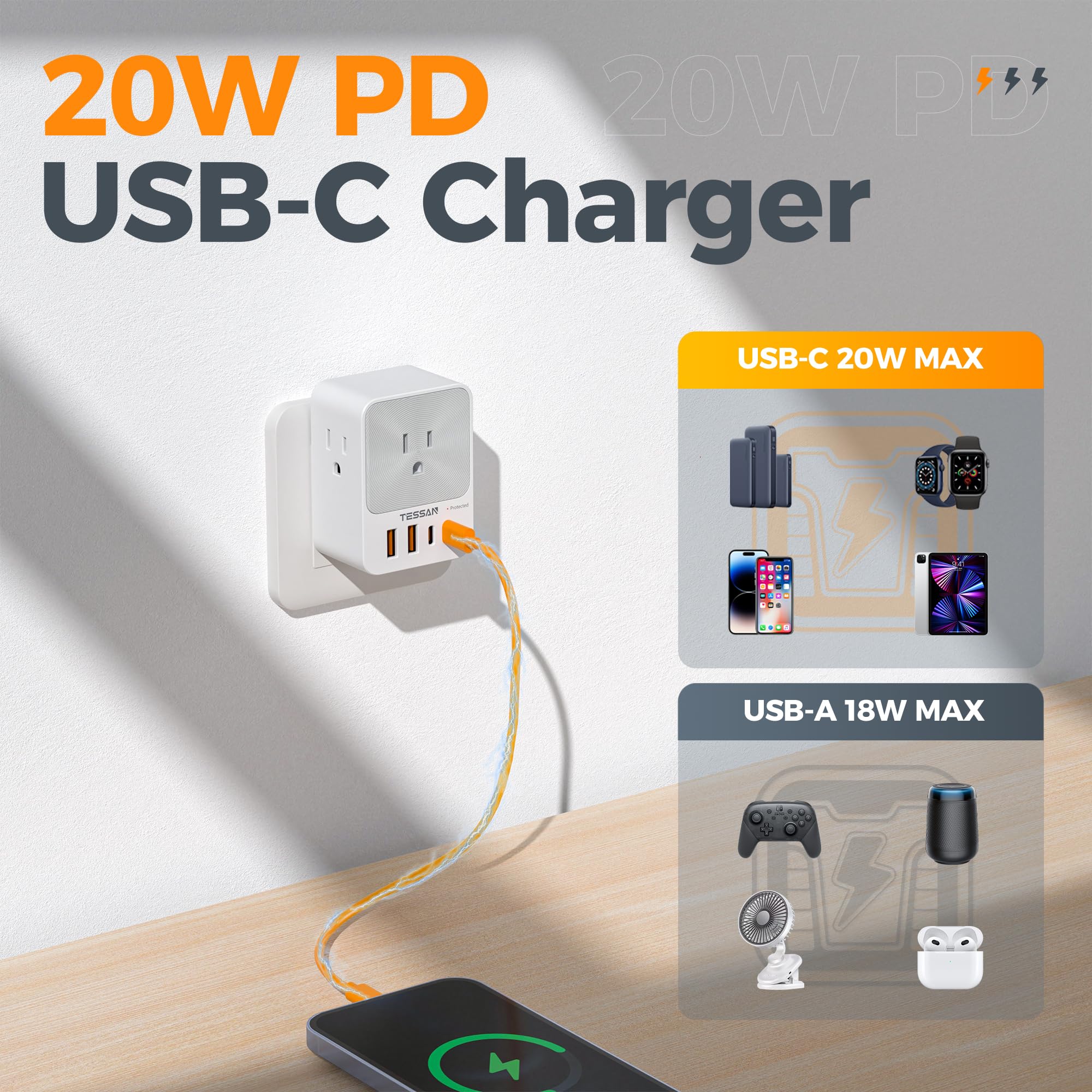 Foto 2 | Bloque De Cargador Usb C Pd Tessan 4 De 20 W, Cargador De Pared Usb De 3 Salidas - Venta Internacional.