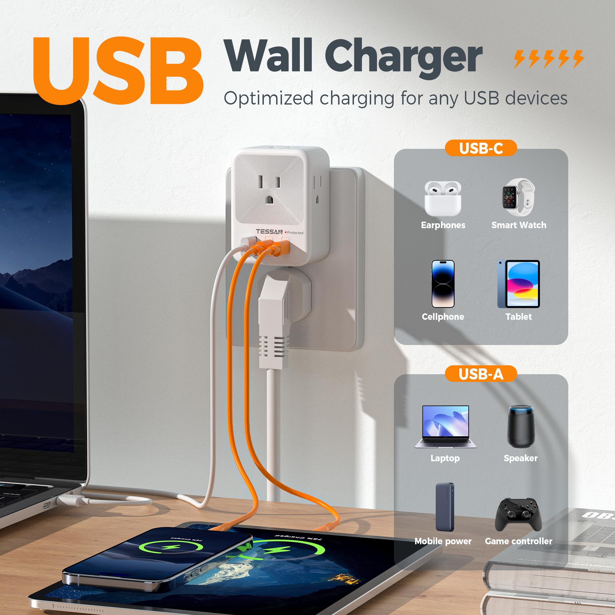 Foto 3 pulgar | Divisor De Enchufe De Pared Usb Con Enchufe Múltiple, Protector Contra Sobretensiones Tessan - Venta Internacional.