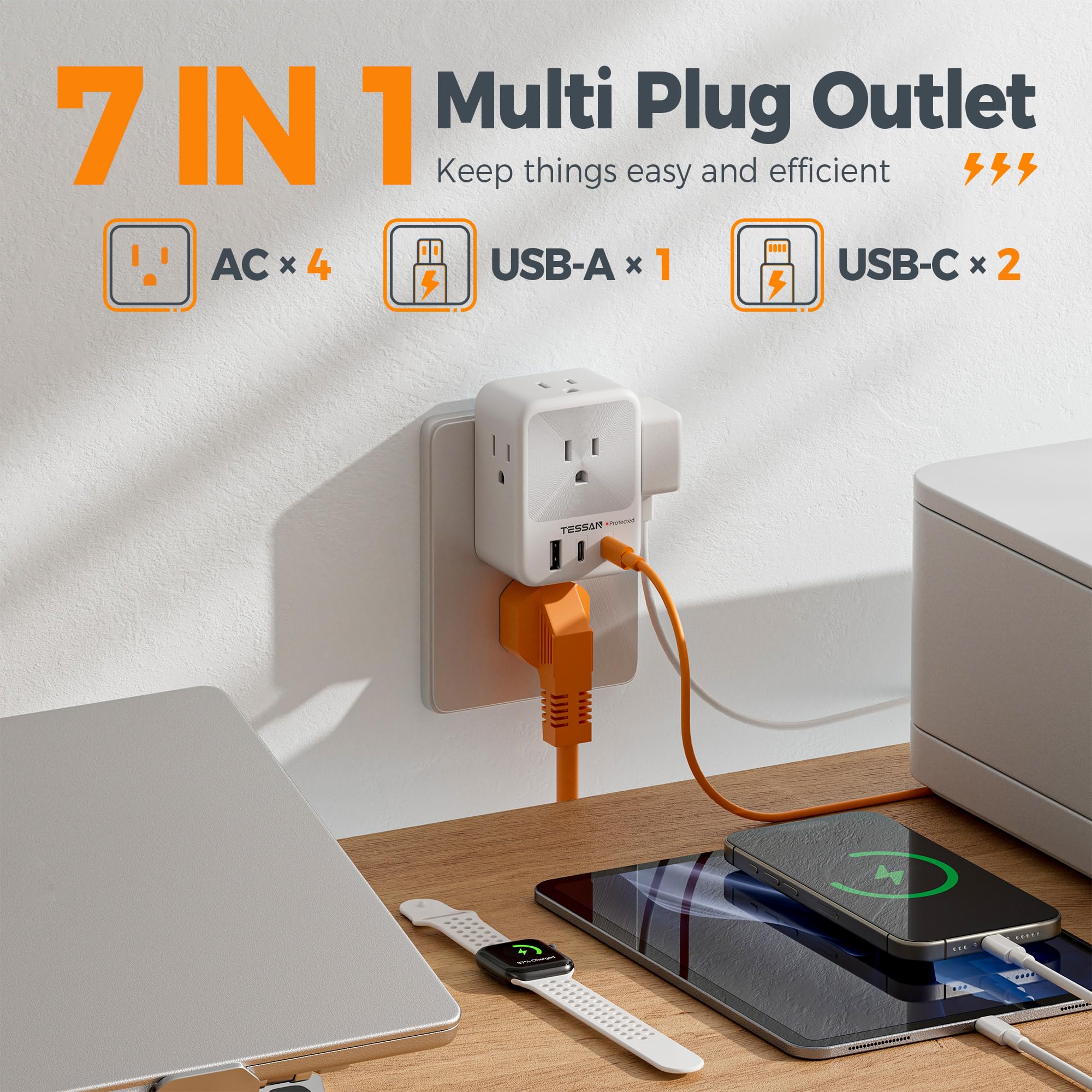 Foto 4 pulgar | Divisor De Enchufe De Pared Usb Con Enchufe Múltiple, Protector Contra Sobretensiones Tessan - Venta Internacional.