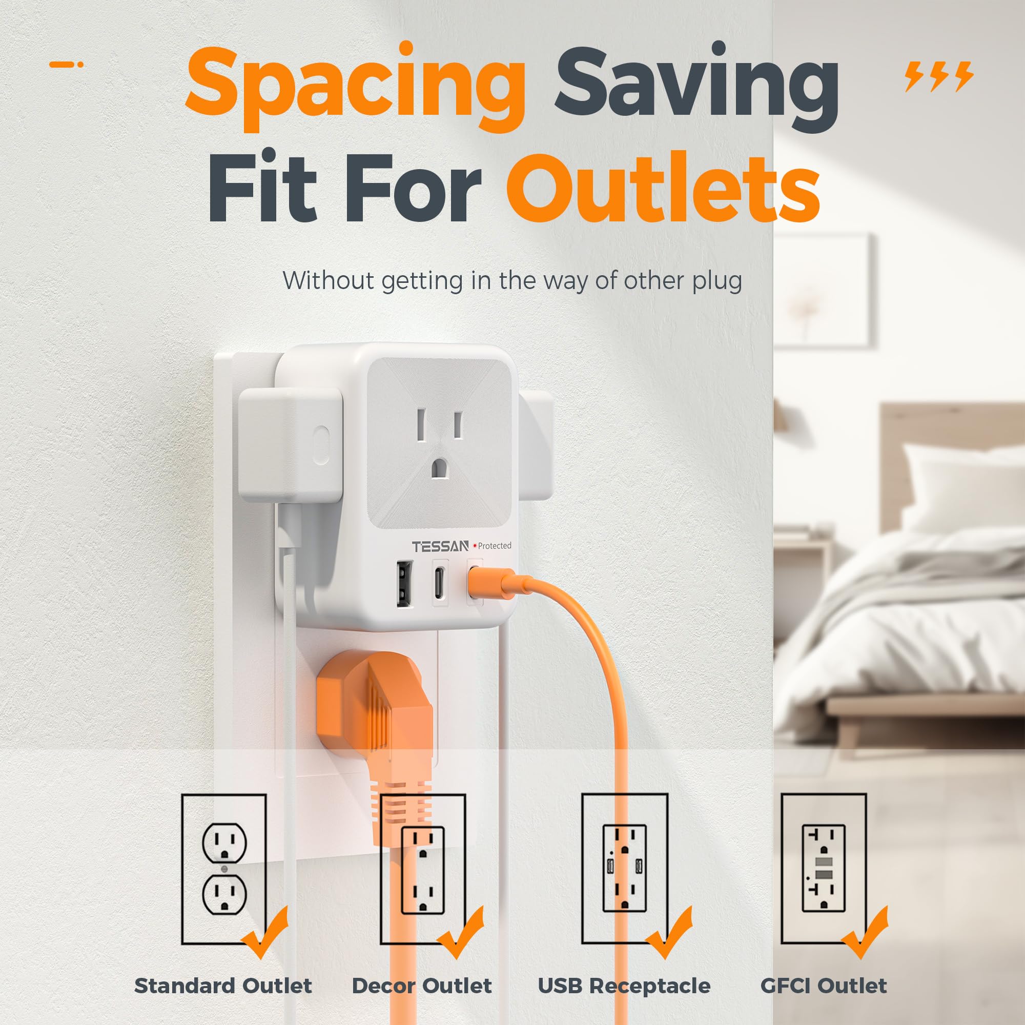 Foto 6 pulgar | Divisor De Enchufe De Pared Usb Con Enchufe Múltiple, Protector Contra Sobretensiones Tessan - Venta Internacional.