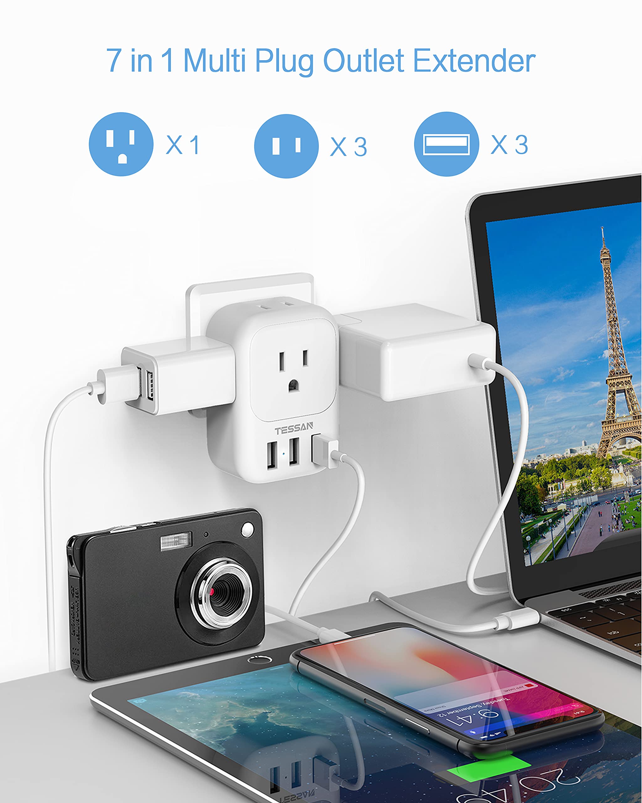 Foto 3 pulgar | Bloque De Cargador Usb Tessan, Adaptador De Enchufe Usb Con 4 Salidas De Ca Y 3 Puertos Usb - Venta Internacional.