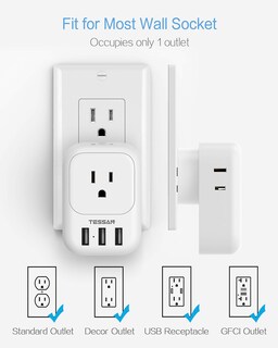 Foto 4 | Bloque De Cargador Usb Tessan, Adaptador De Enchufe Usb Con 4 Salidas De Ca Y 3 Puertos Usb - Venta Internacional.