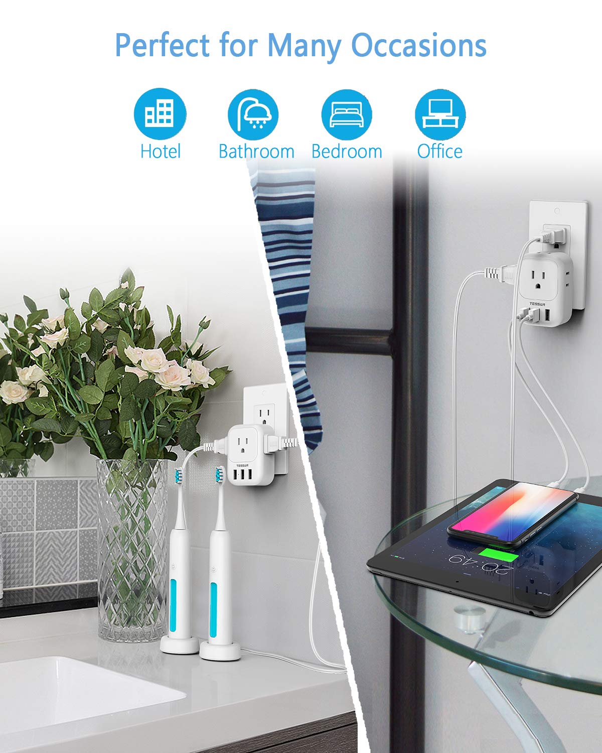 Foto 5 | Bloque De Cargador Usb Tessan, Adaptador De Enchufe Usb Con 4 Salidas De Ca Y 3 Puertos Usb - Venta Internacional.