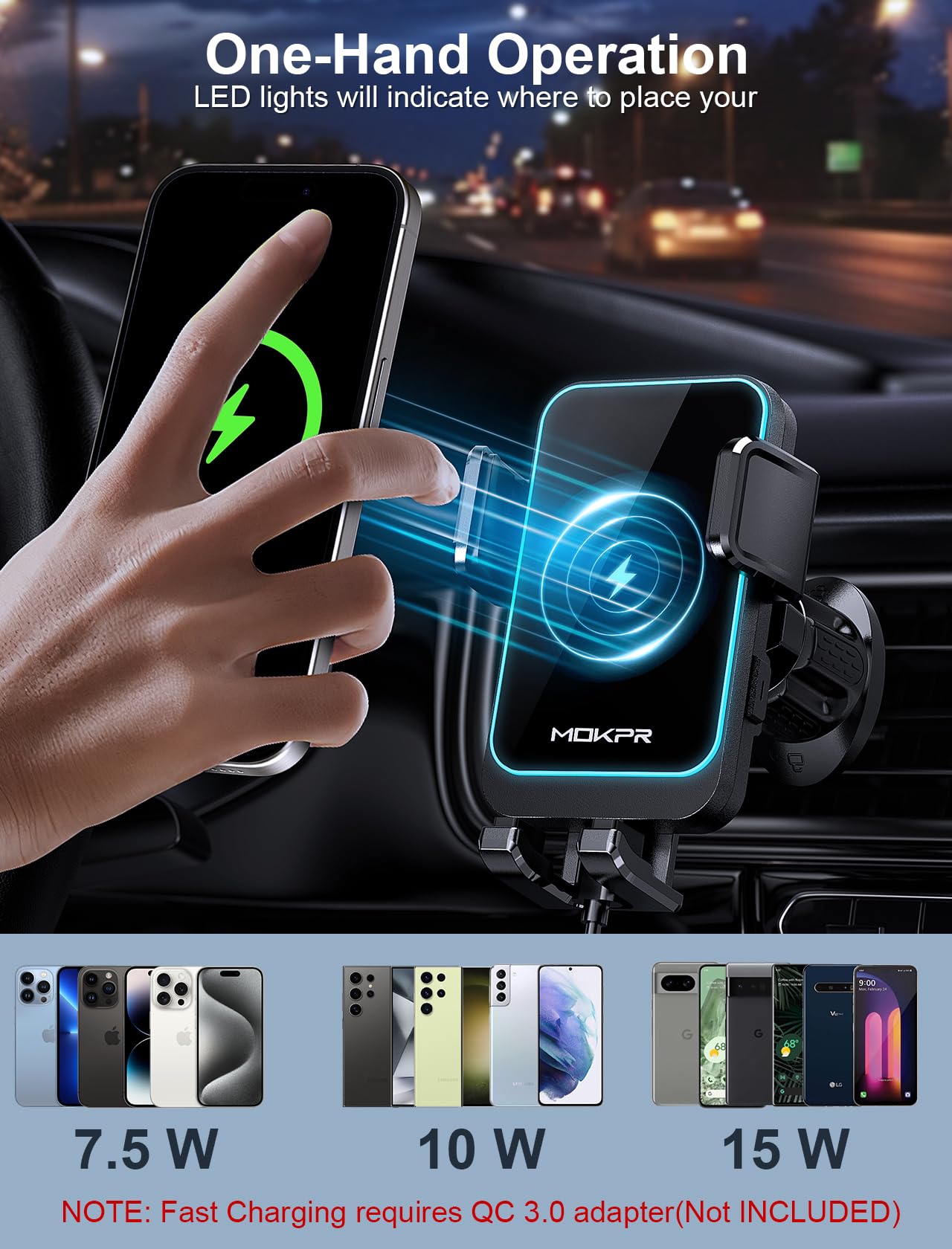 Foto 5 pulgar | Cargador De Coche Inalámbrico Mokpr De 15 W De Carga Rápida Para Iphone Y Samsung - Venta Internacional.