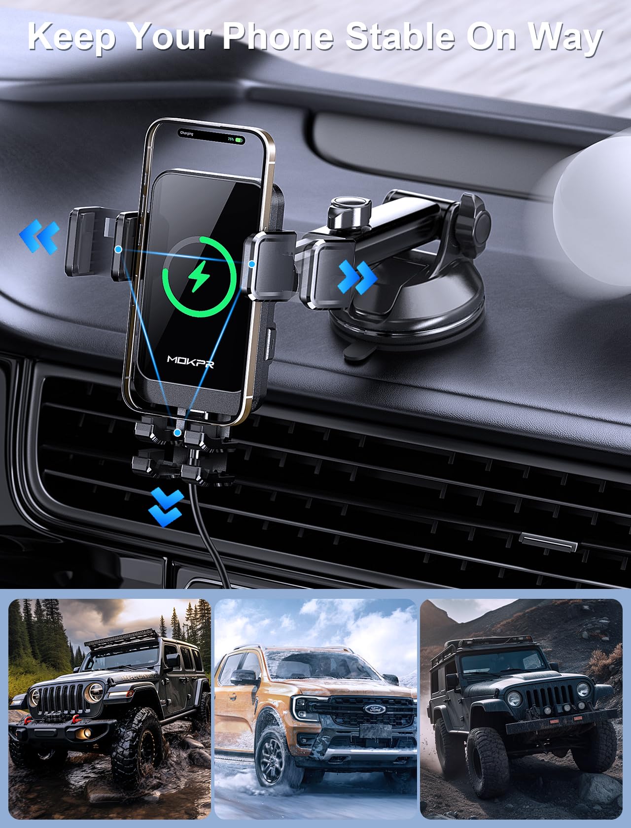 Foto 6 pulgar | Cargador De Coche Inalámbrico Mokpr De 15 W De Carga Rápida Para Iphone Y Samsung - Venta Internacional.