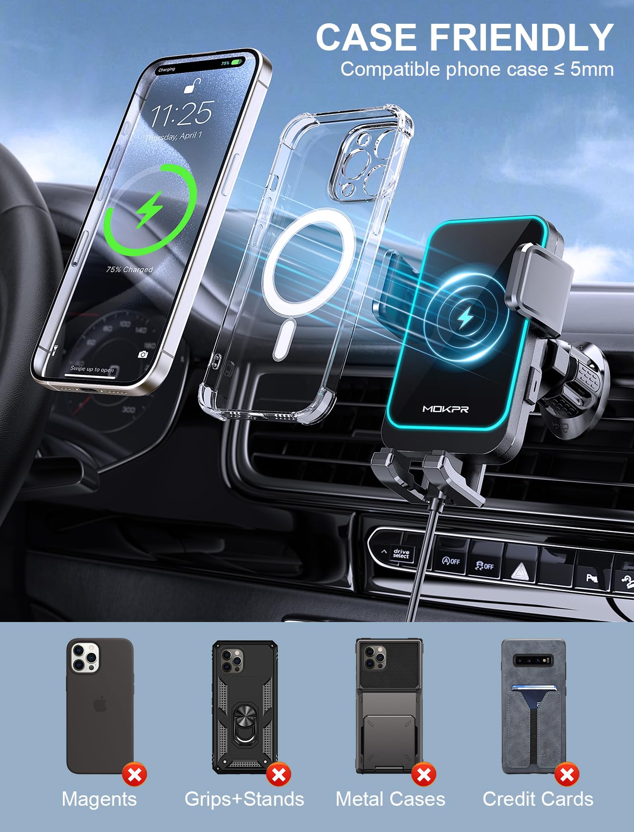 Foto 7 pulgar | Cargador De Coche Inalámbrico Mokpr De 15 W De Carga Rápida Para Iphone Y Samsung - Venta Internacional.