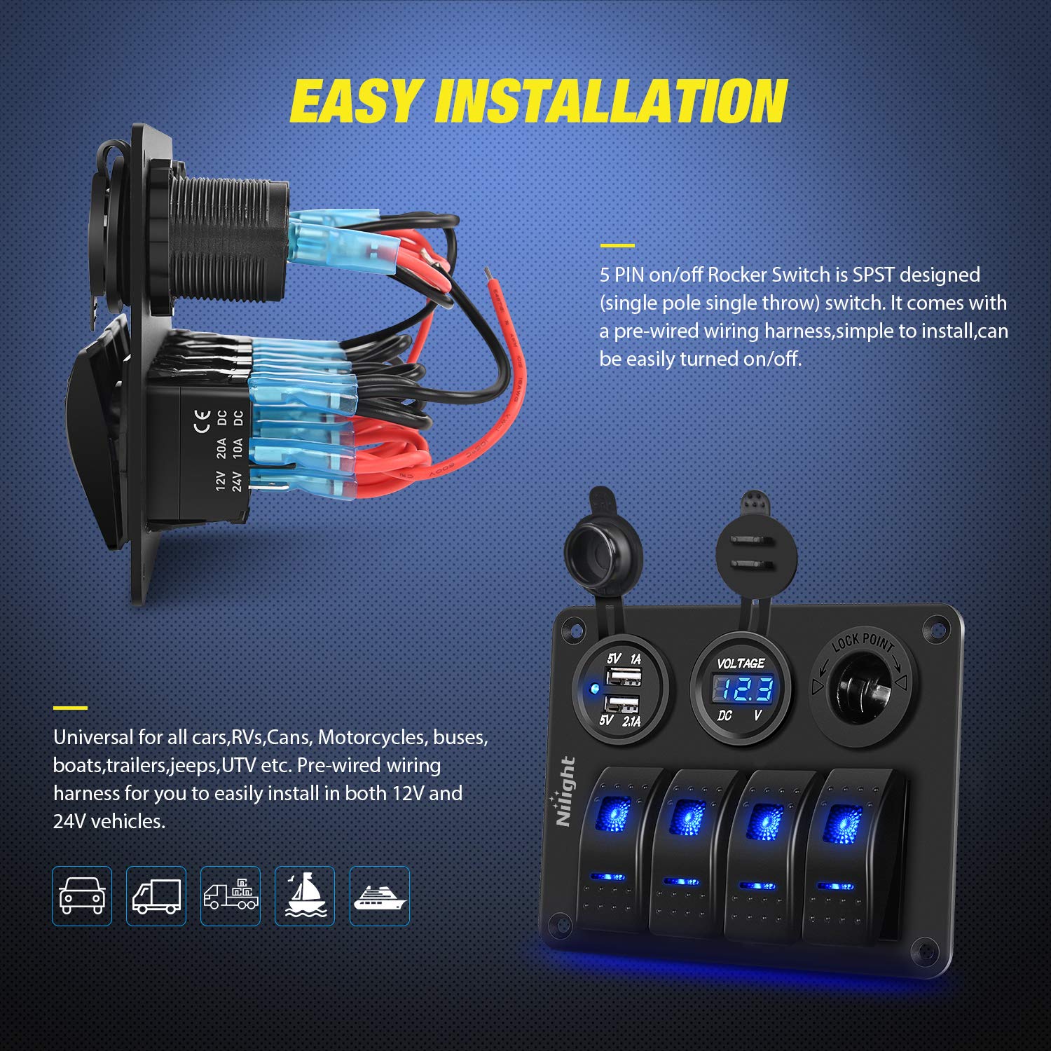 Foto 4 pulgar | Panel De Interruptores Nilight 90117g De 4 Bandas A Prueba De Agua Con Usb De 12 A 24 V - Venta Internacional.