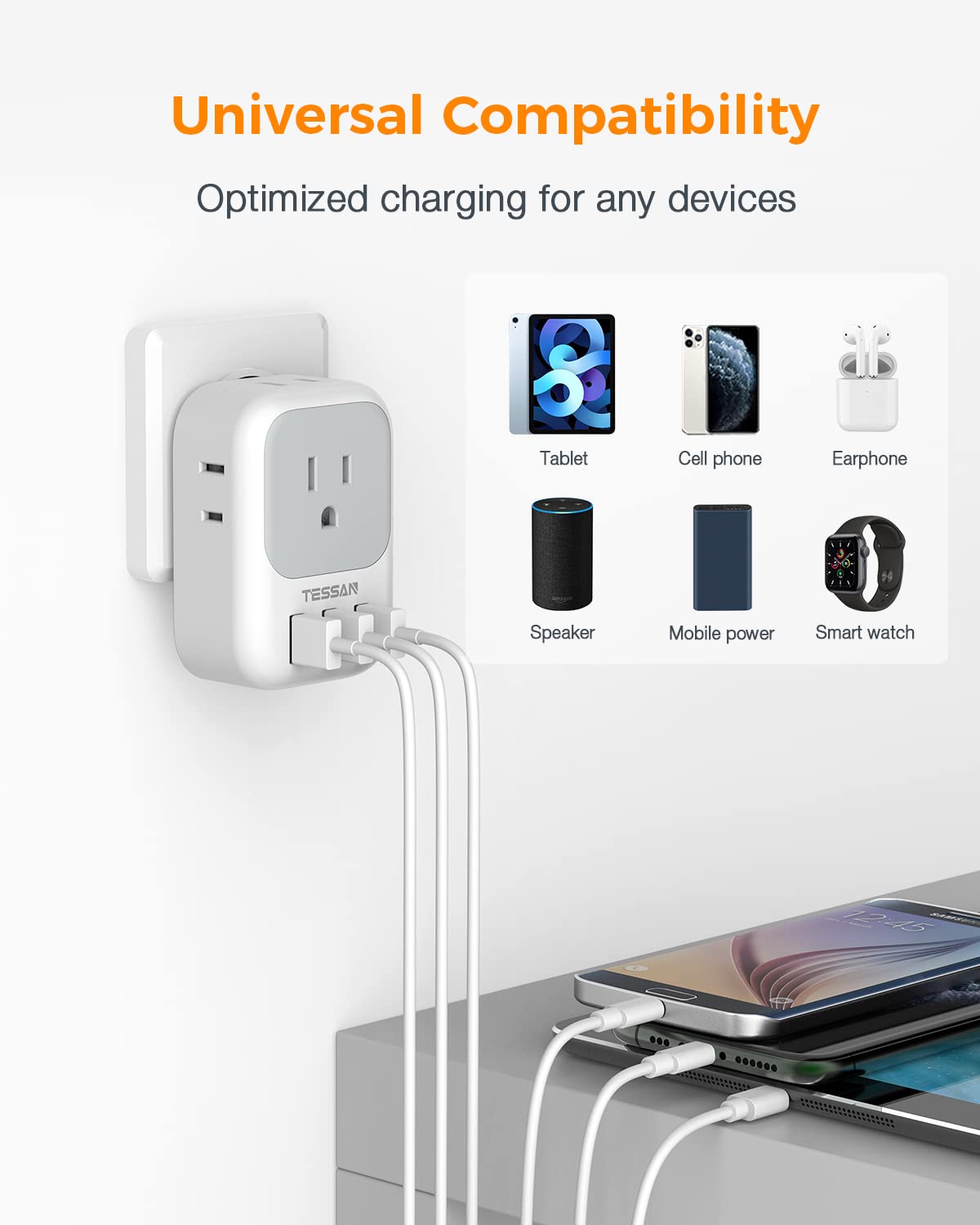 Foto 2 | Bloque De Cargador Usb Tessan, Adaptador De Enchufe Usb Con 4 Salidas De Ca Y 3 Puertos Usb - Venta Internacional.