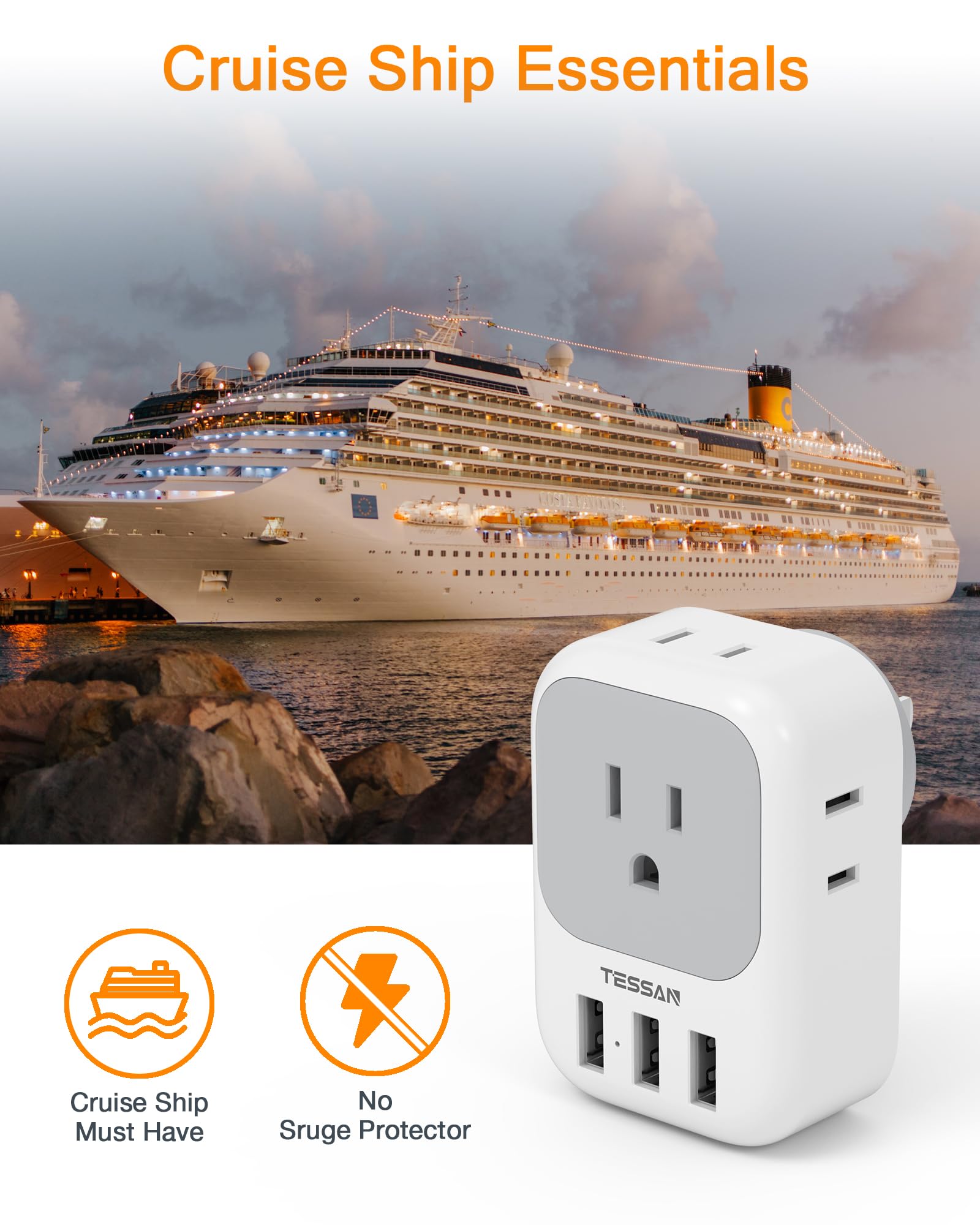 Foto 4 | Bloque De Cargador Usb Tessan, Adaptador De Enchufe Usb Con 4 Salidas De Ca Y 3 Puertos Usb - Venta Internacional.