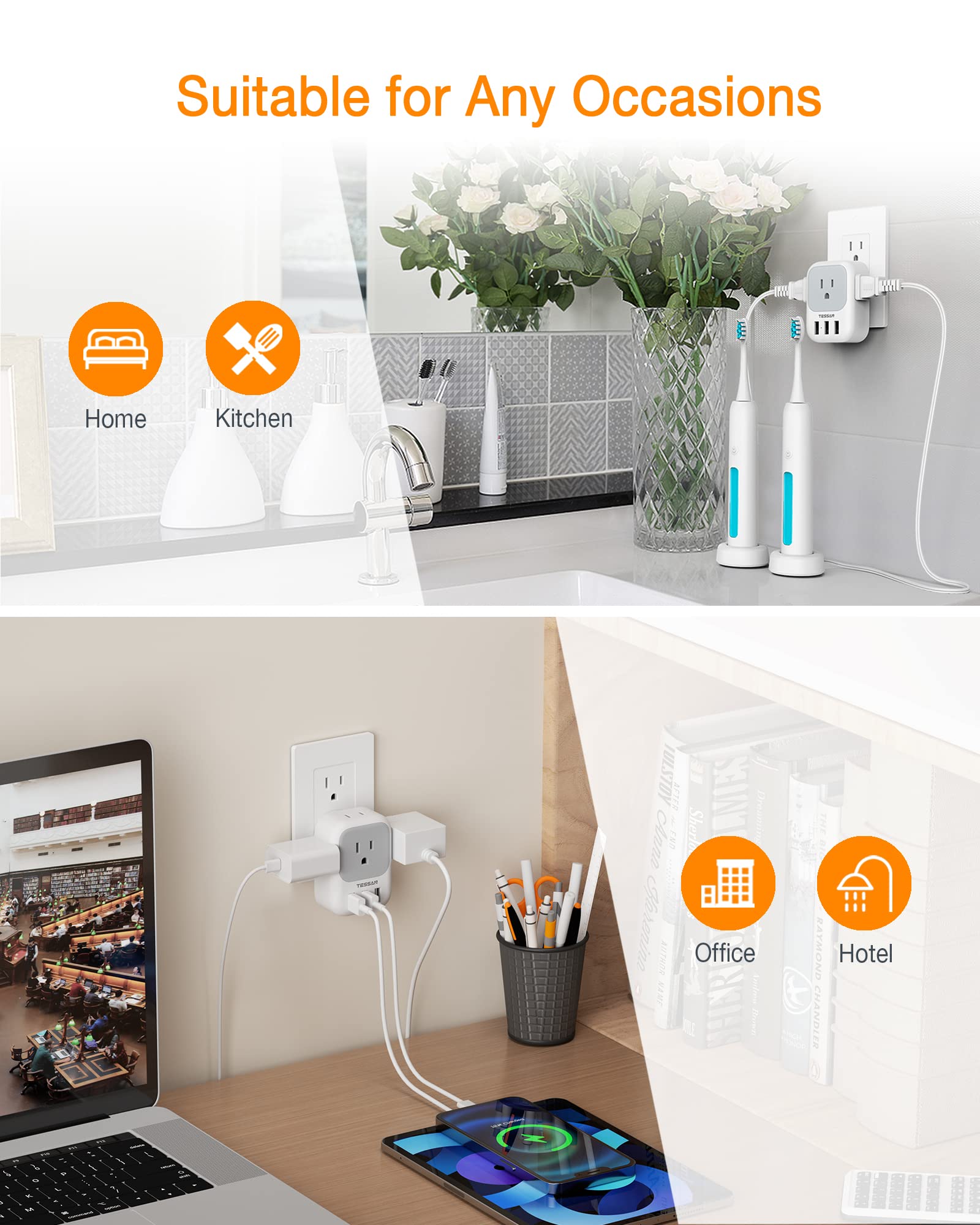 Foto 6 | Bloque De Cargador Usb Tessan, Adaptador De Enchufe Usb Con 4 Salidas De Ca Y 3 Puertos Usb - Venta Internacional.
