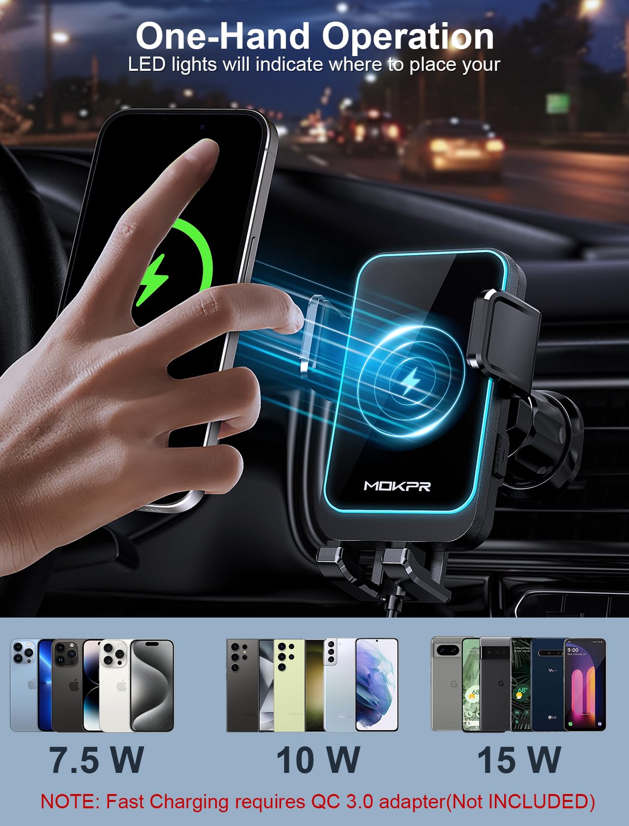 Foto 6 pulgar | Cargador De Coche Inalámbrico Mokpr De 15 W De Carga Rápida Para Iphone Y Samsung - Venta Internacional.