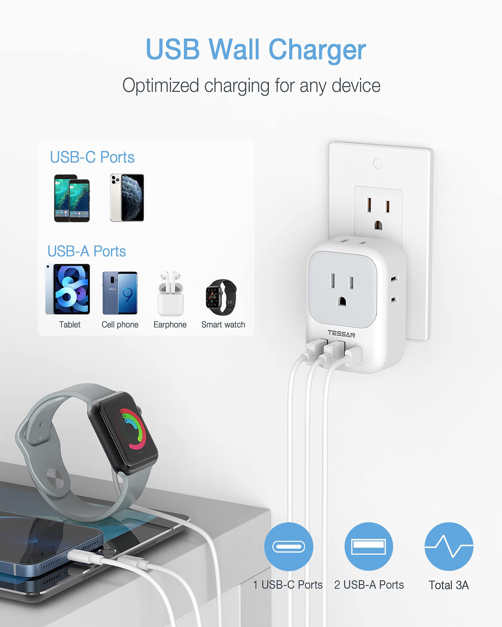 Foto 4 pulgar | Cargador Rápido Usb C Tessan, Adaptador De Enchufe Usb Pd De 20 W Con 3 Usb - Venta Internacional.