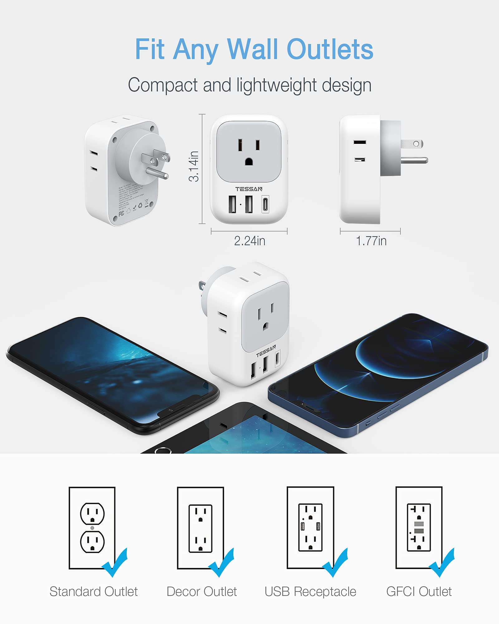 Foto 8 pulgar | Cargador Rápido Usb C Tessan, Adaptador De Enchufe Usb Pd De 20 W Con 3 Usb - Venta Internacional.