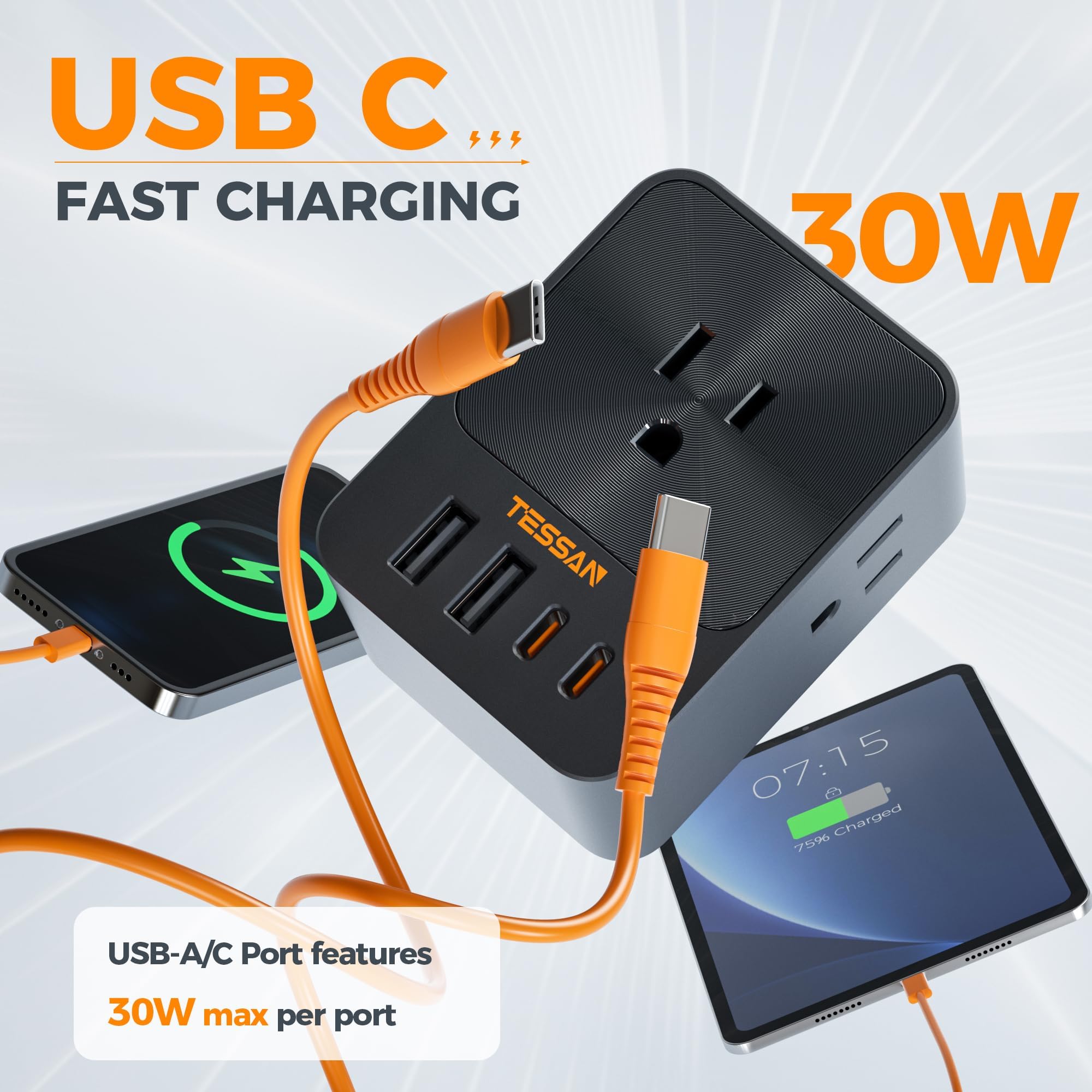 Foto 3 pulgar | Cargador De Pared Usb C Tessan De 30 W Con Extensor De 3 Salidas, 4 Usb - Venta Internacional.