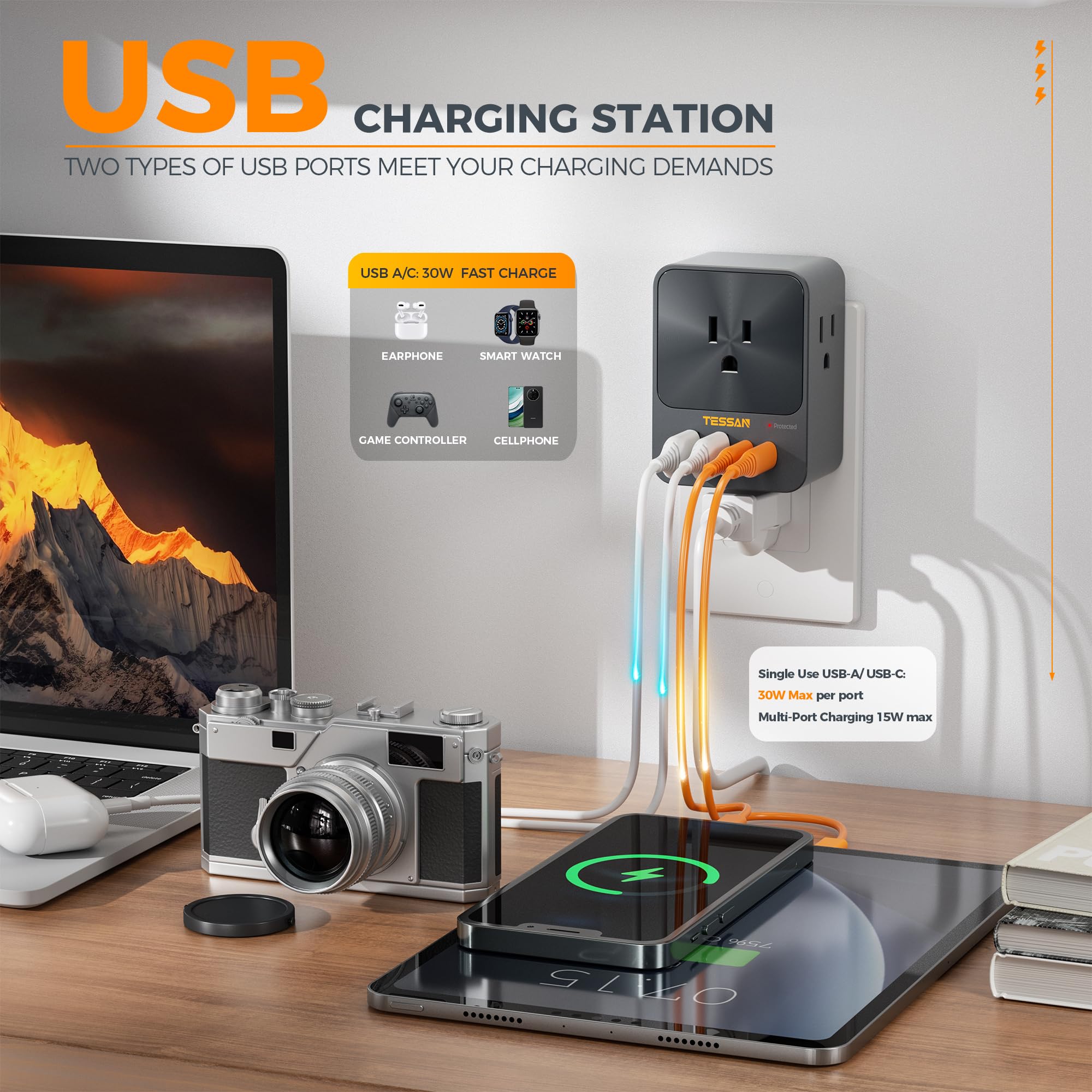 Foto 4 pulgar | Cargador De Pared Usb C Tessan De 30 W Con Extensor De 3 Salidas, 4 Usb - Venta Internacional.